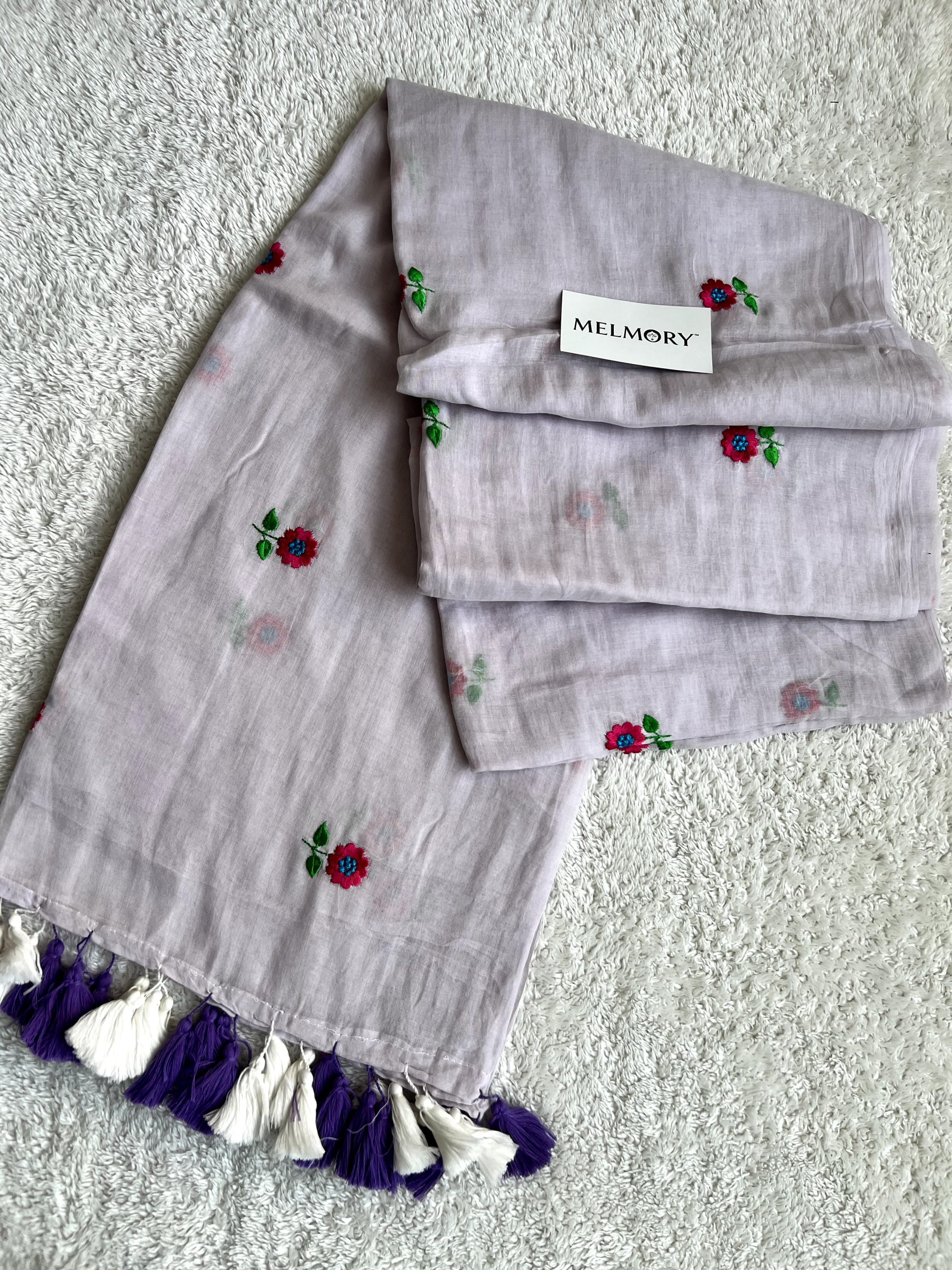 Floral Embroidery Mul Saree - Light Lavender