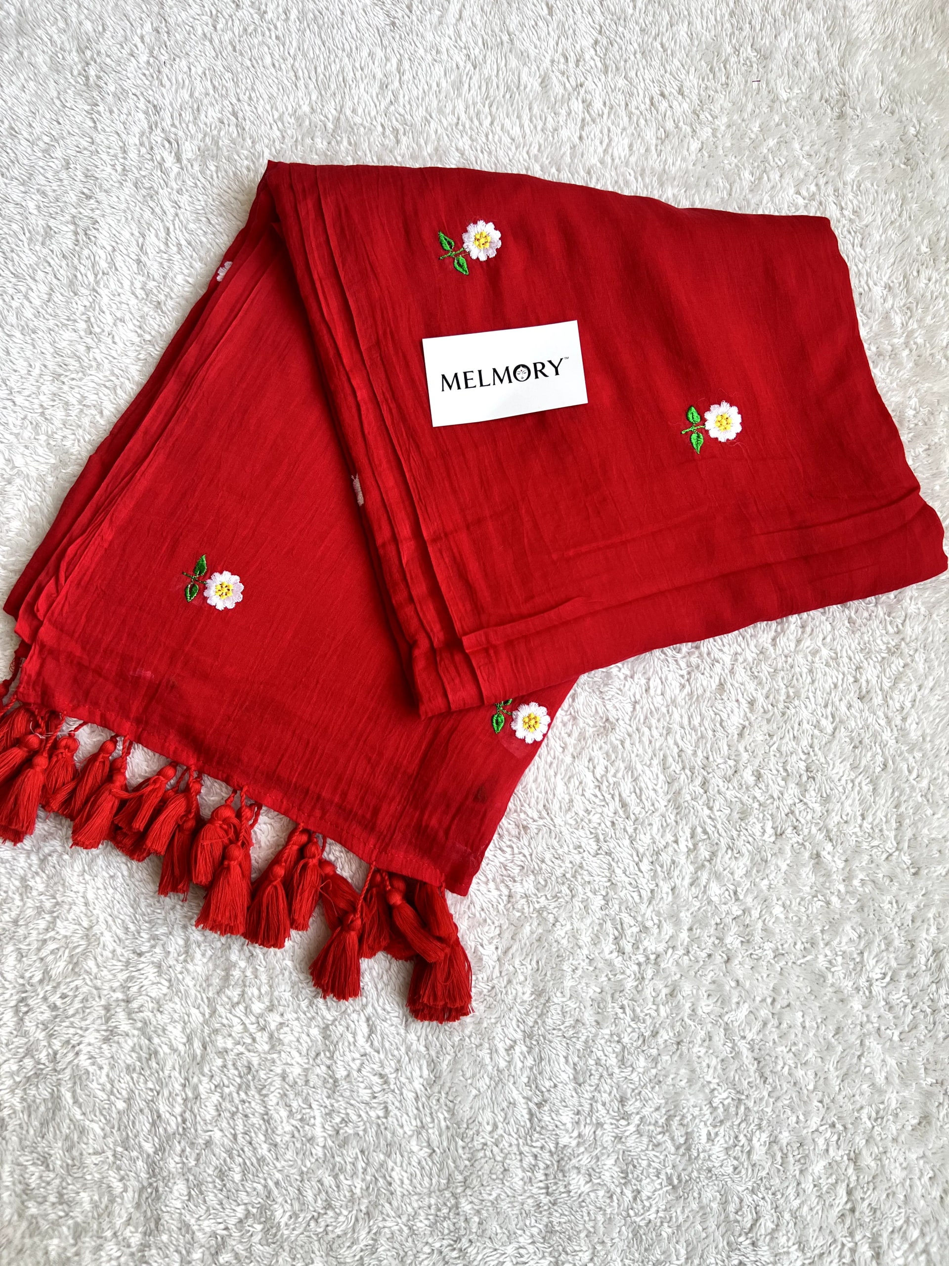 Floral Embroidery Mul Saree - Crimson Red