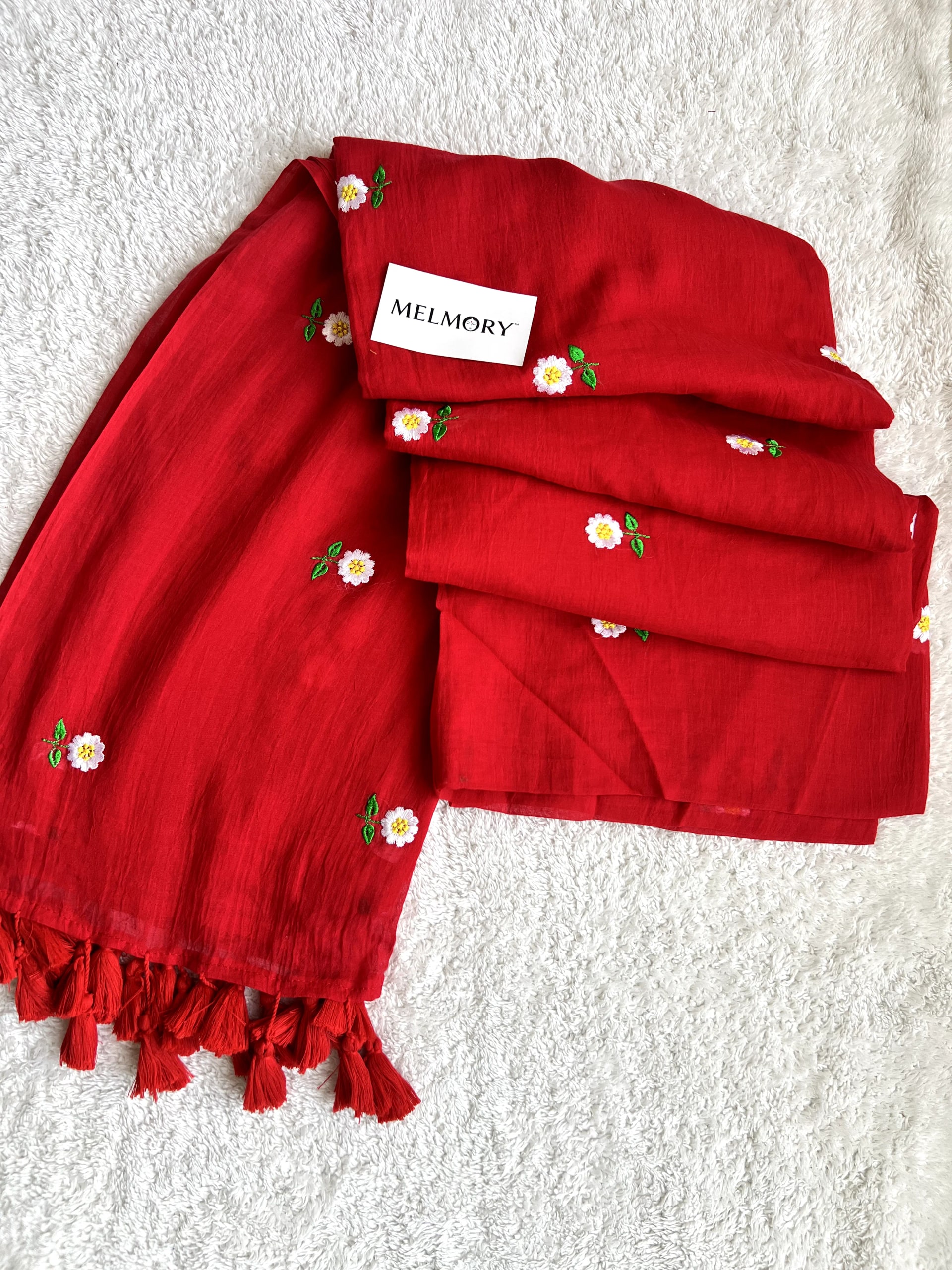 Floral Embroidery Mul Saree - Crimson Red