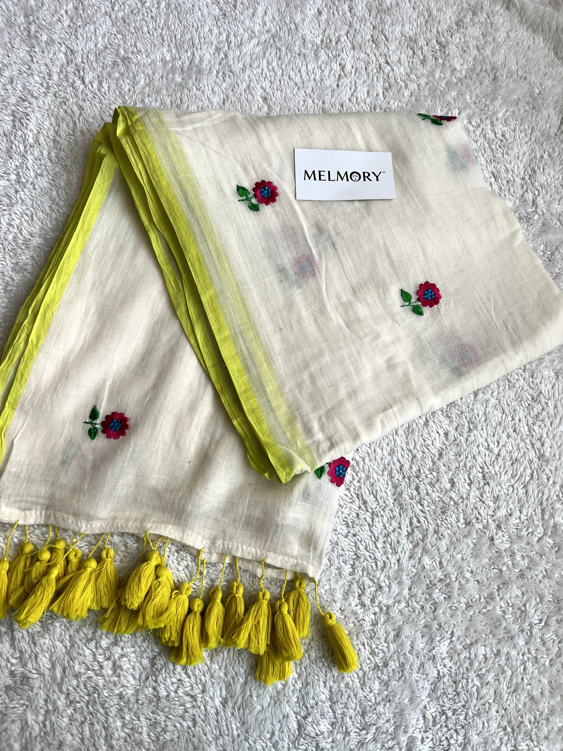 Floral Embroidery Mul Saree - Cream with Lime Yellow