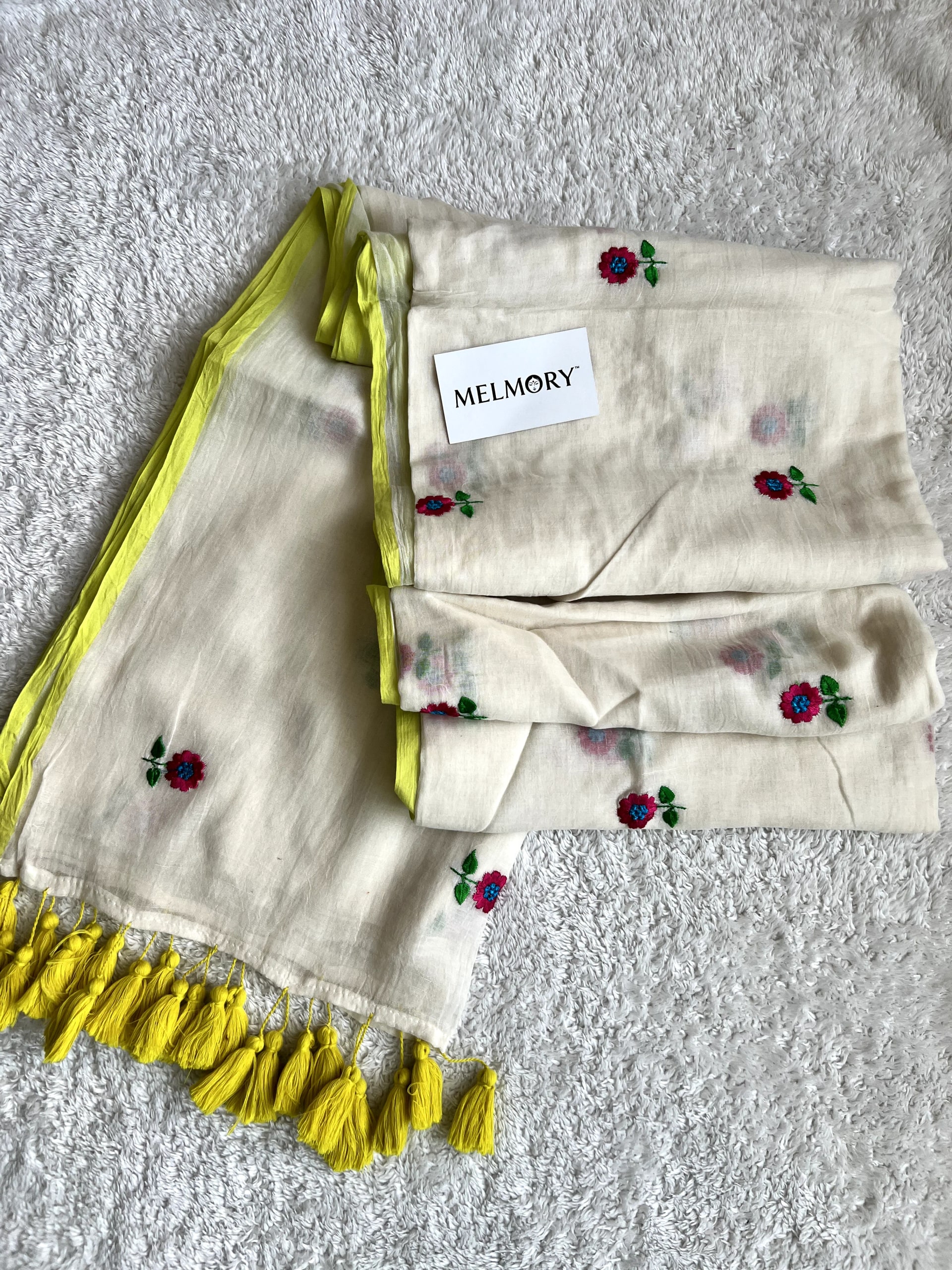 Floral Embroidery Mul Saree - Cream with Lime Yellow