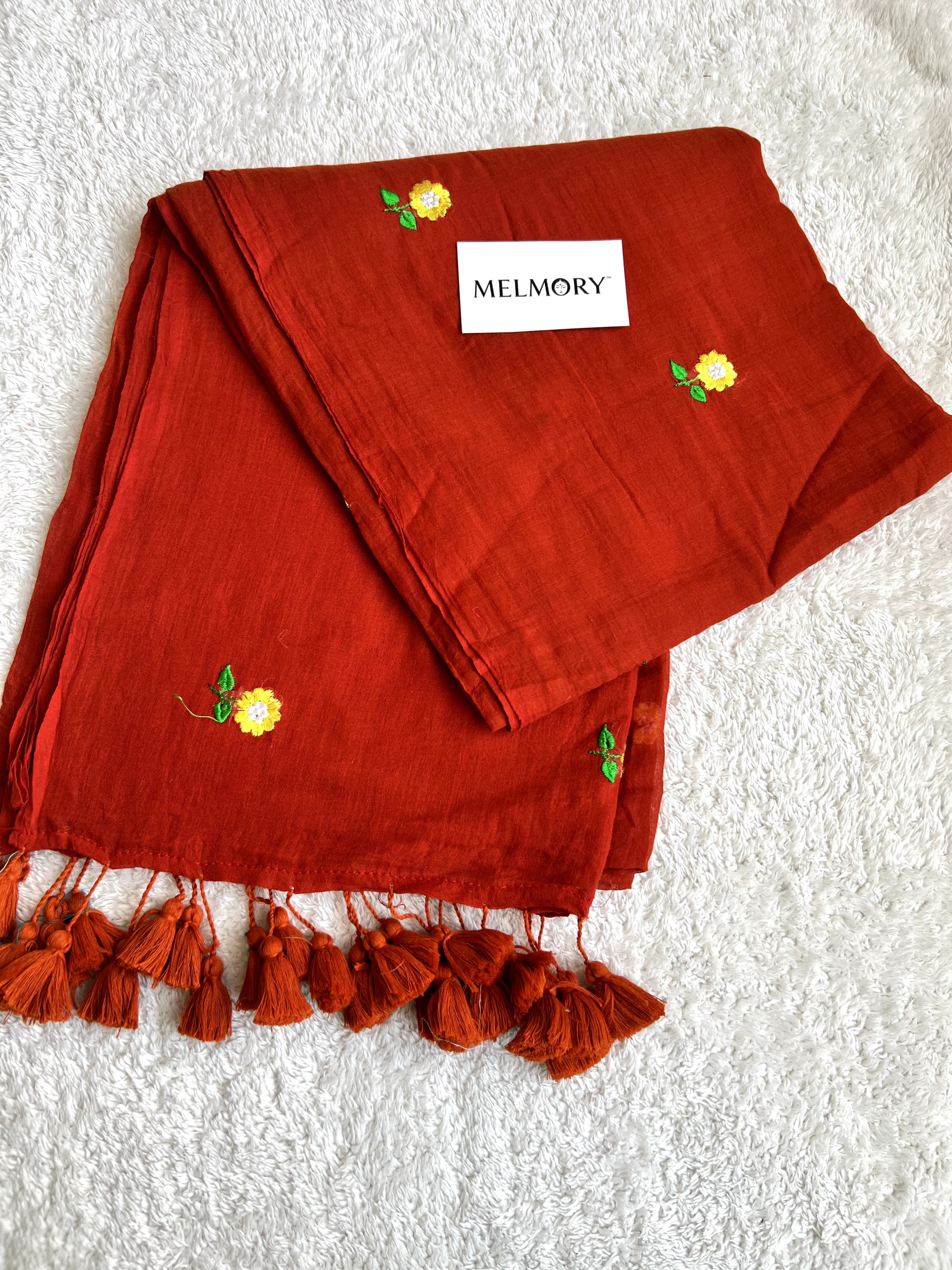 Floral Embroidery Mul Saree - Rust Orange