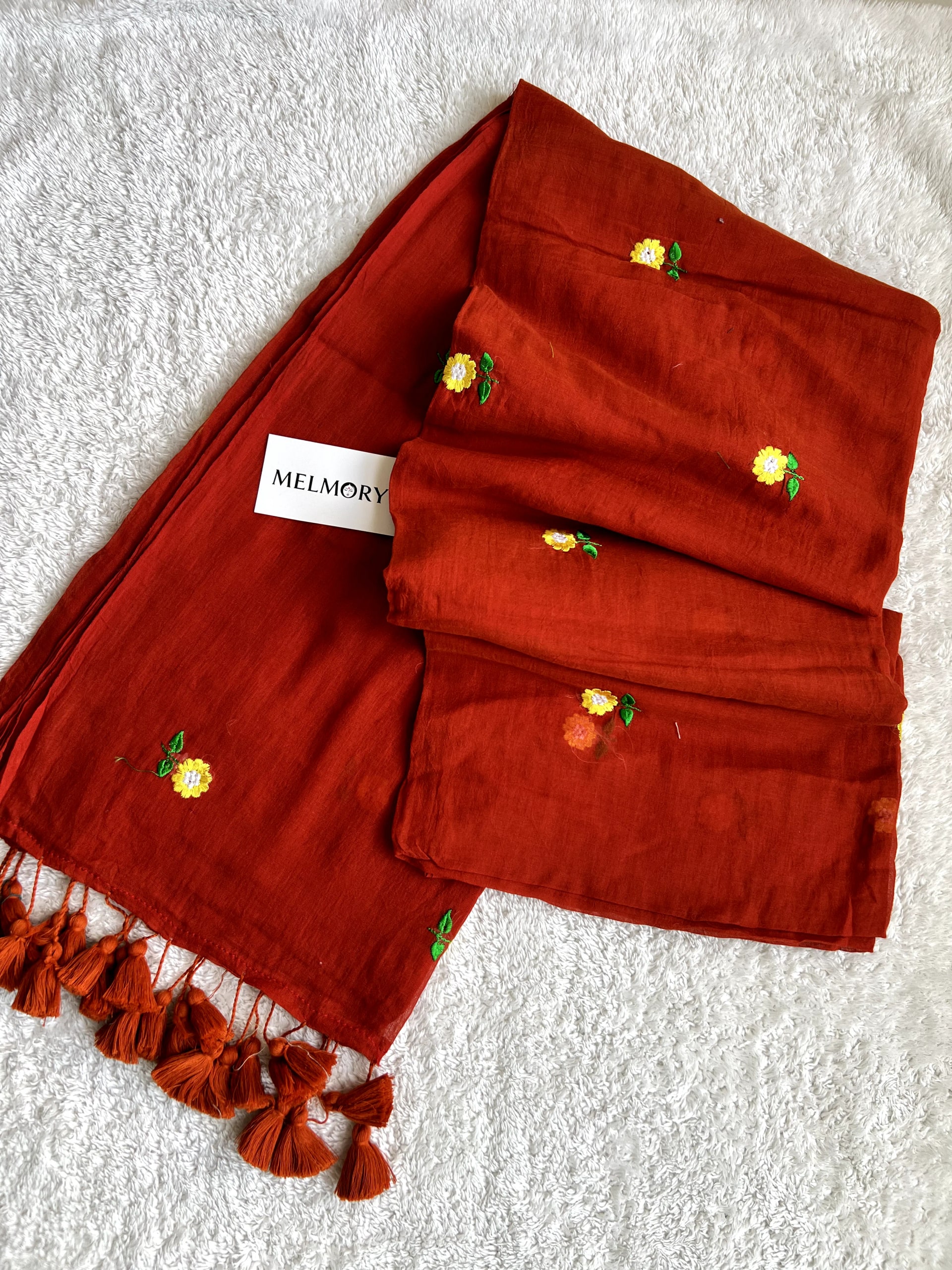Floral Embroidery Mul Saree - Rust Orange