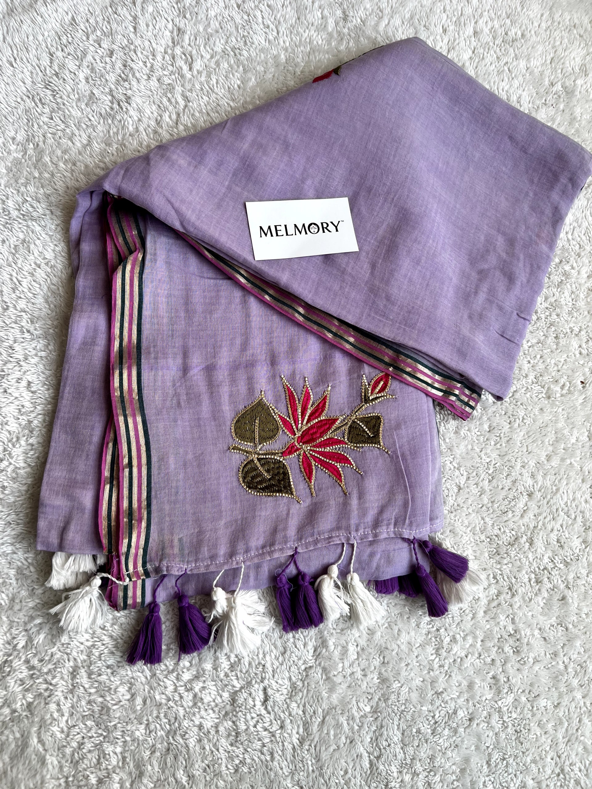 Lotus Embroidery Zari Pure Mul Saree - Lavender