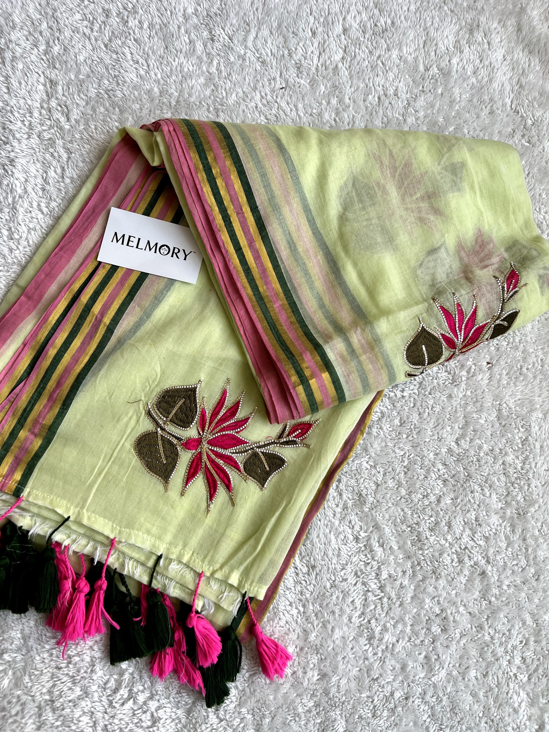 Lotus Embroidery Zari Pure Mul Saree - Light Pistachio Green