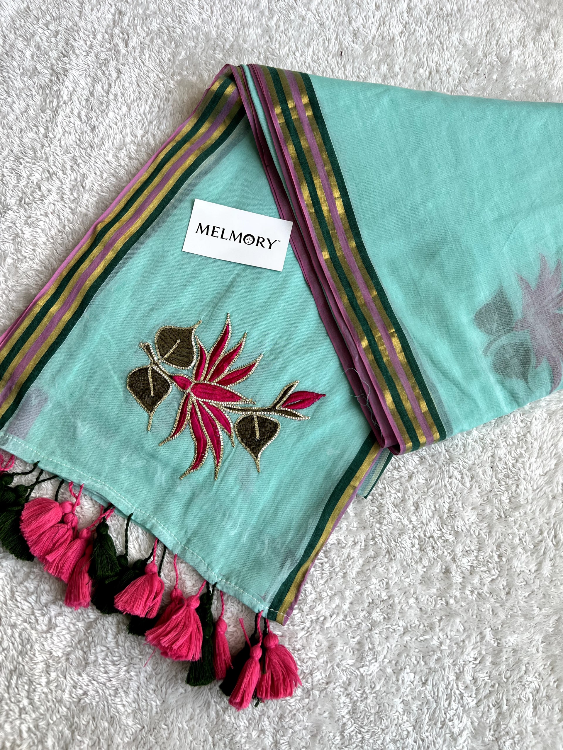 Lotus Embroidery Zari Pure Mul Saree - Aqua Turquoise