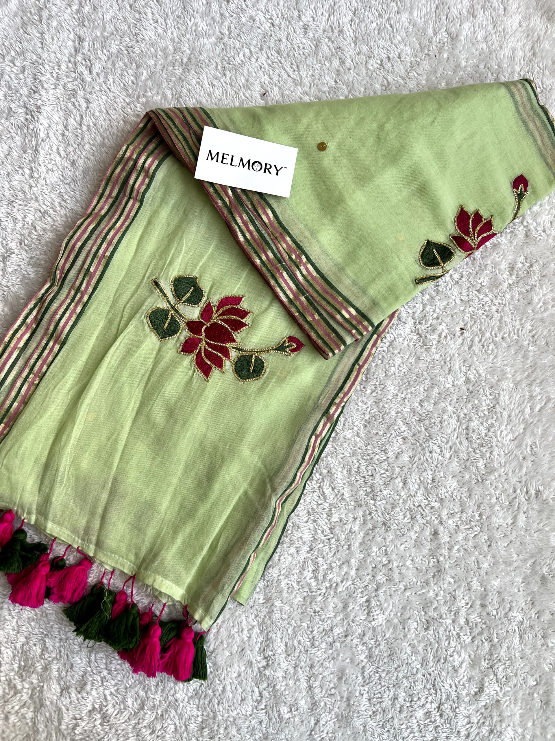 Lotus Embroidery Zari Pure Mul Saree - Sage Green