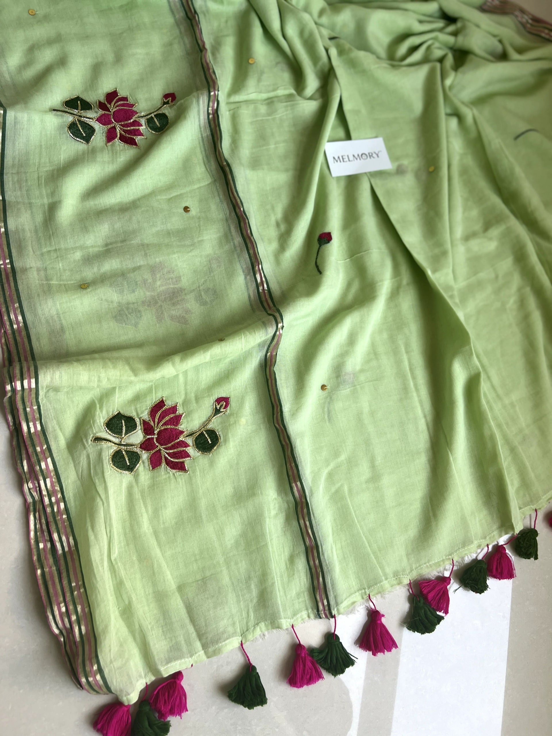 Lotus Embroidery Zari Pure Mul Saree - Sage Green