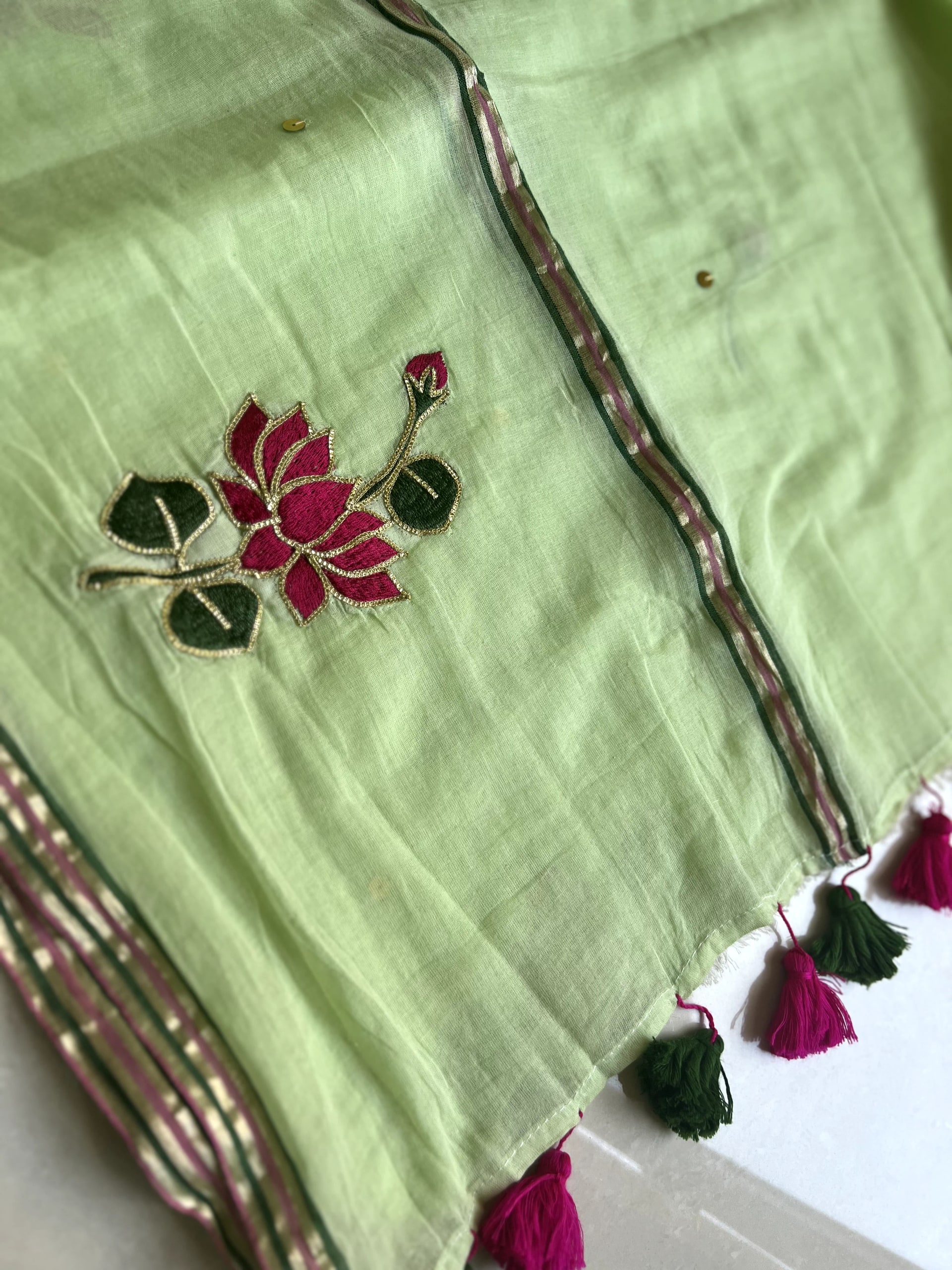 Lotus Embroidery Zari Pure Mul Saree - Sage Green