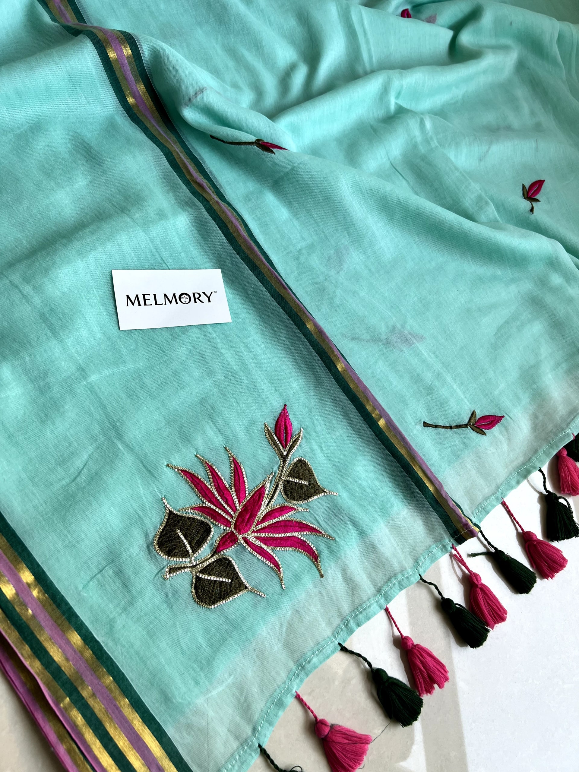 Lotus Embroidery Zari Pure Mul Saree - Aqua Turquoise