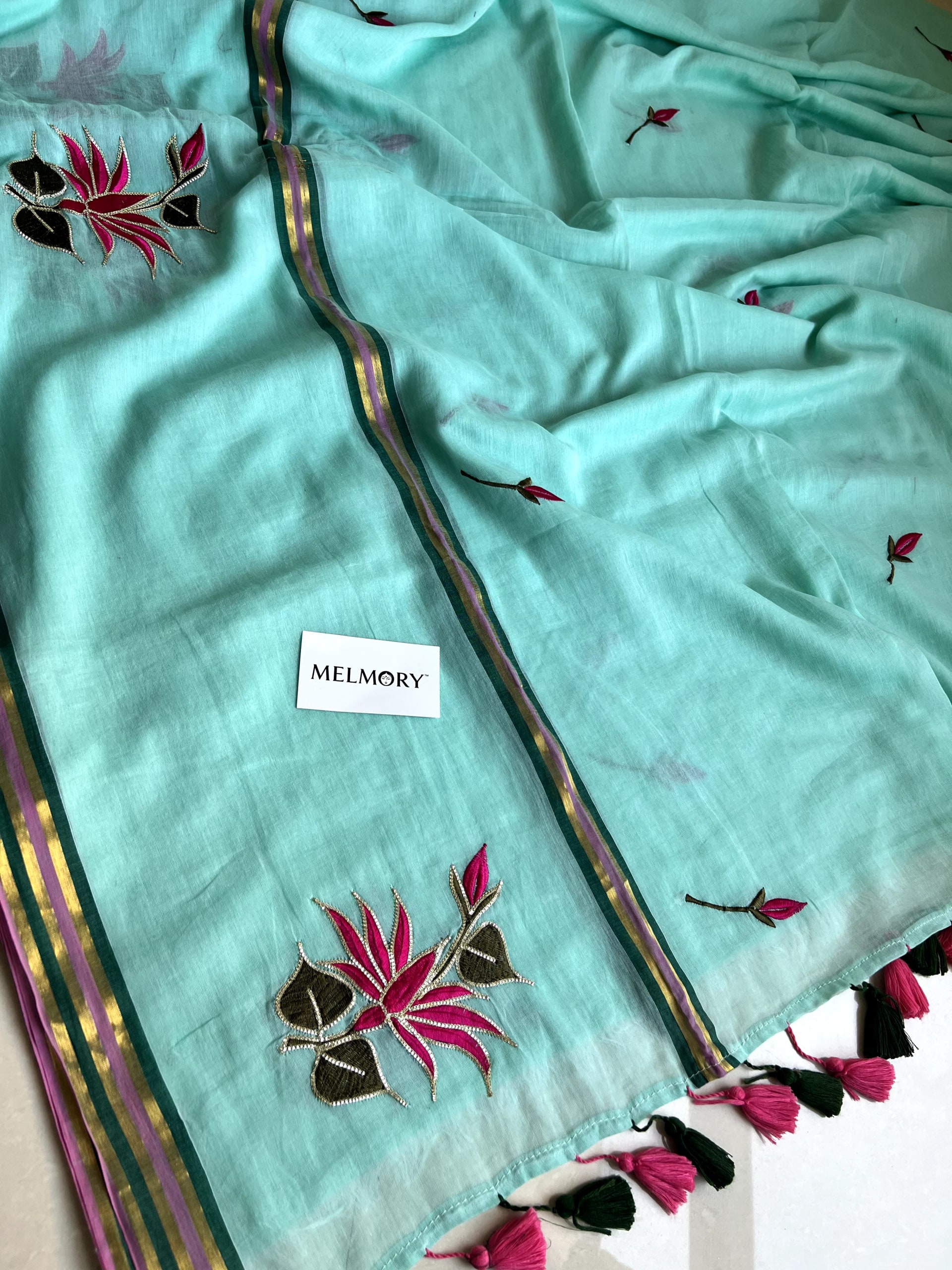 Lotus Embroidery Zari Pure Mul Saree - Aqua Turquoise