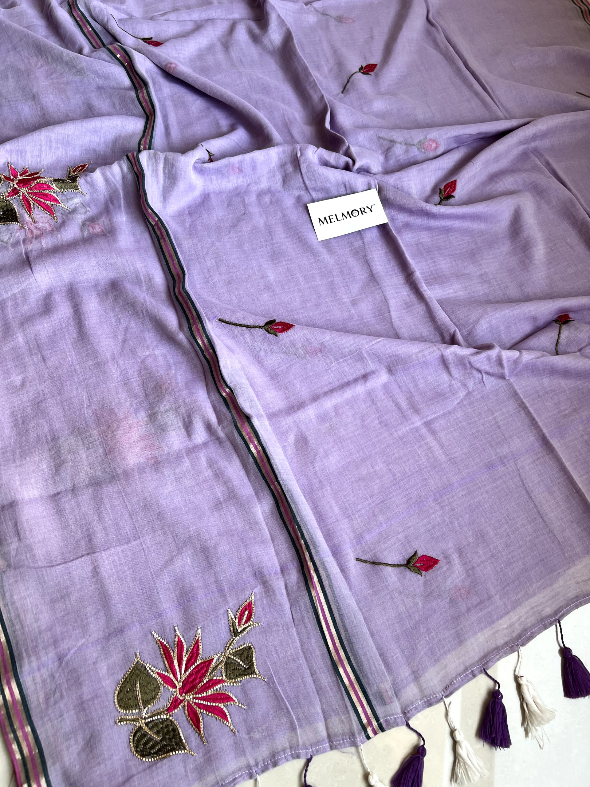Lotus Embroidery Zari Pure Mul Saree - Lavender