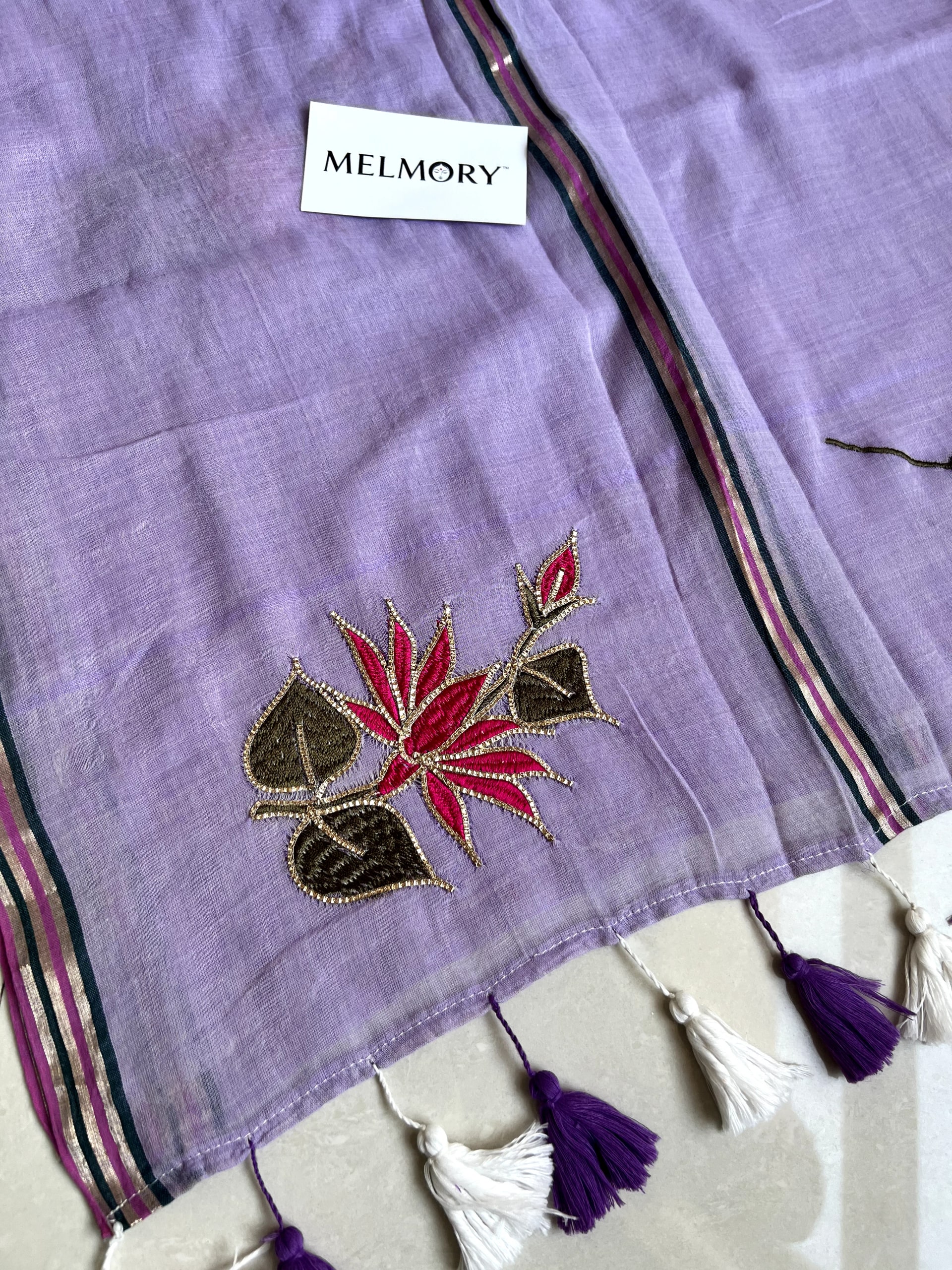 Lotus Embroidery Zari Pure Mul Saree - Lavender