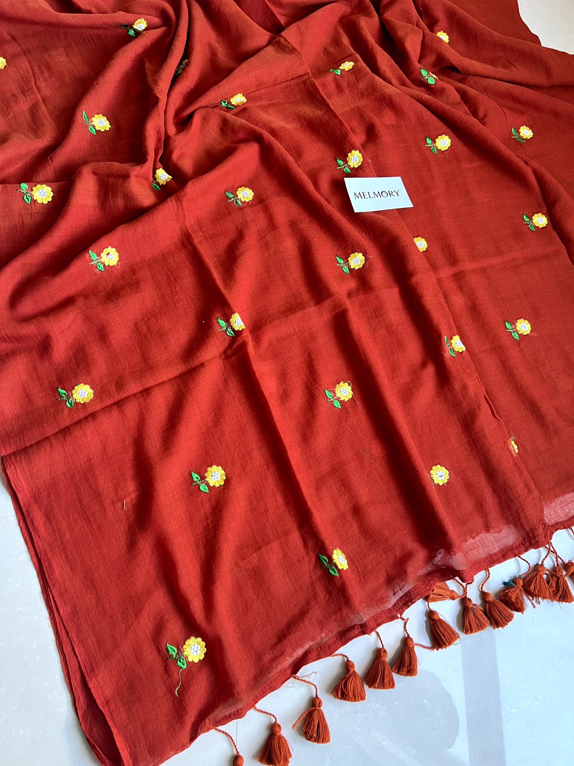 Floral Embroidery Mul Saree - Rust Orange