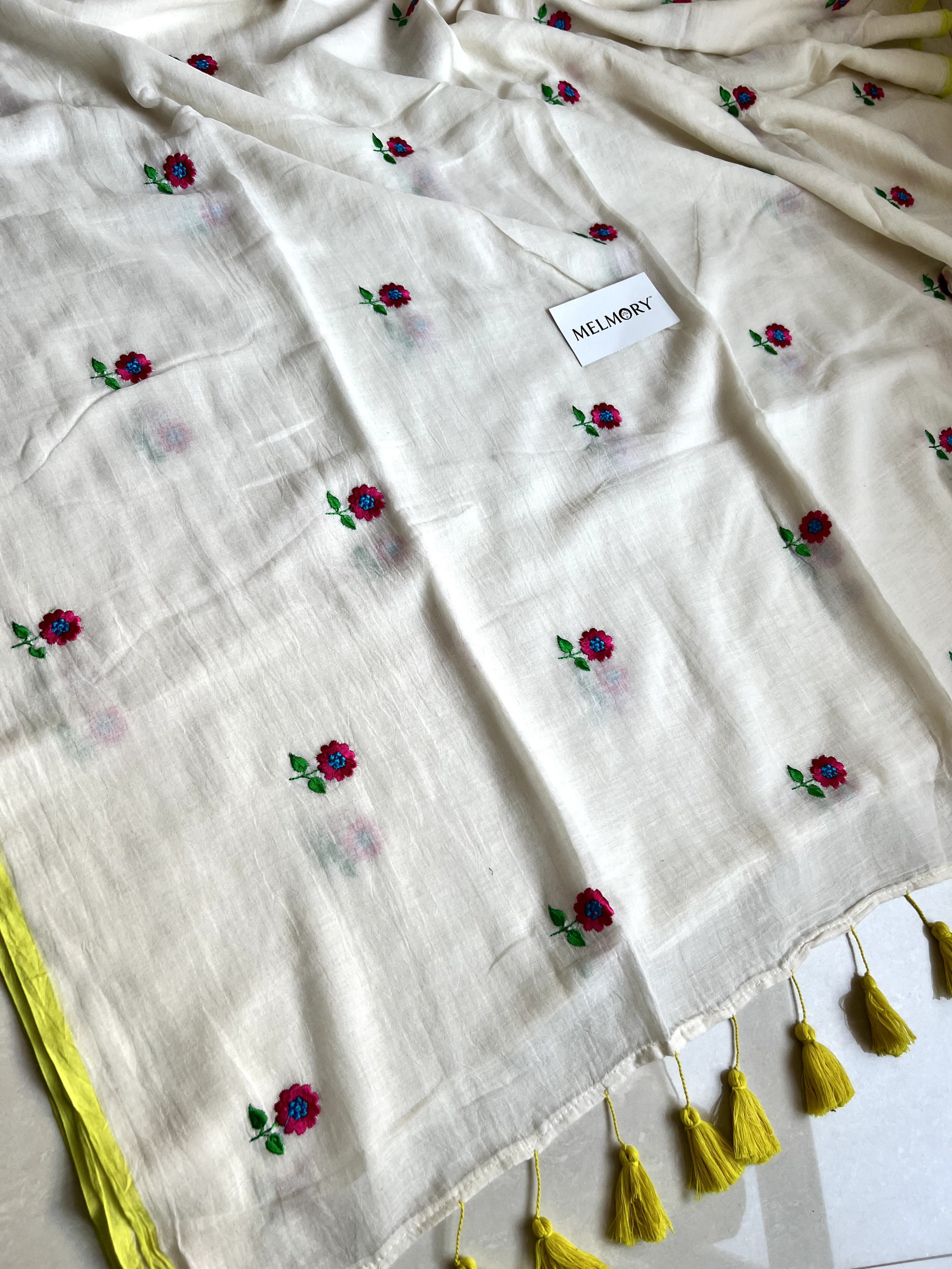 Floral Embroidery Mul Saree - Cream with Lime Yellow