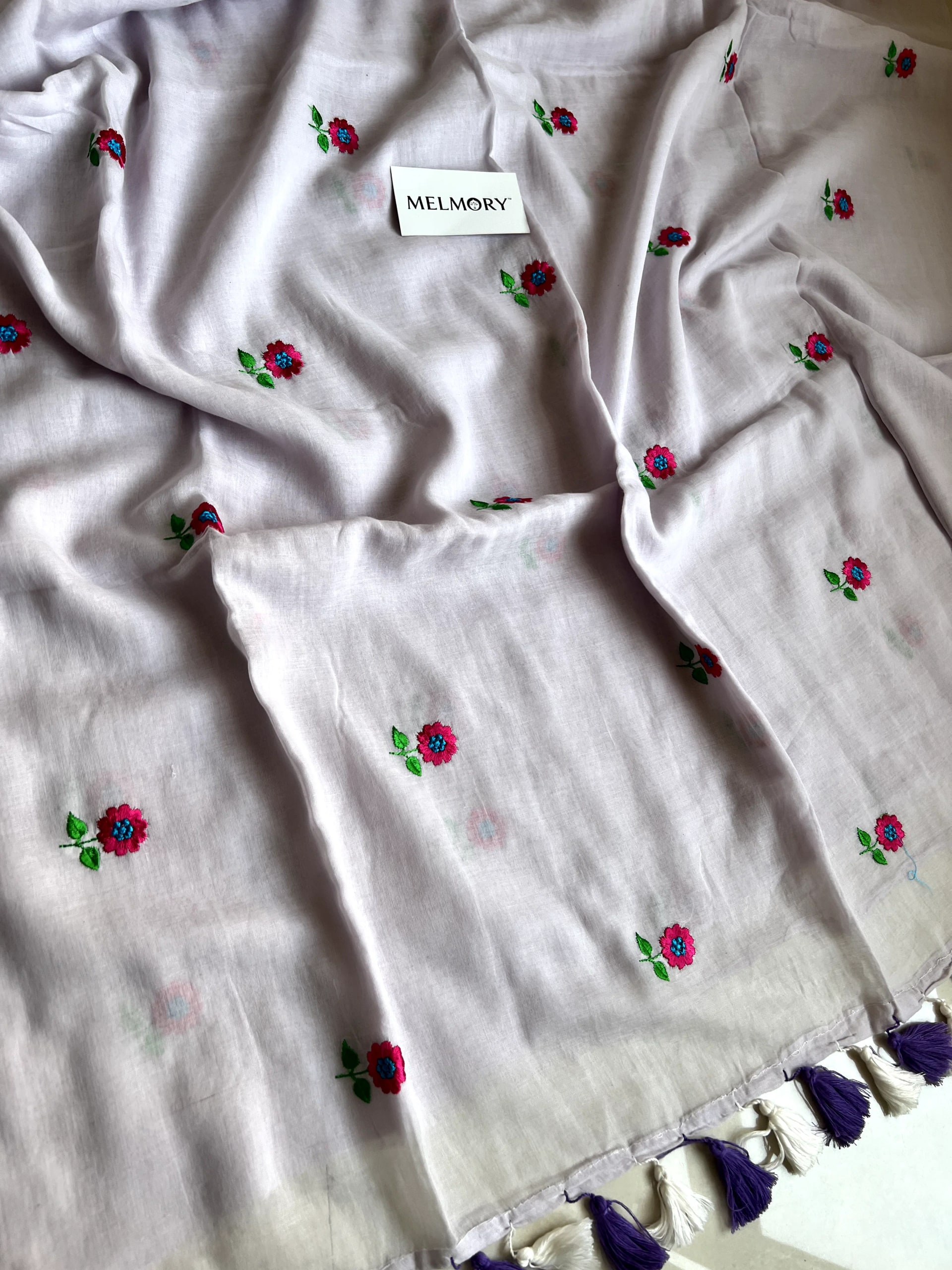 Floral Embroidery Mul Saree - Light Lavender