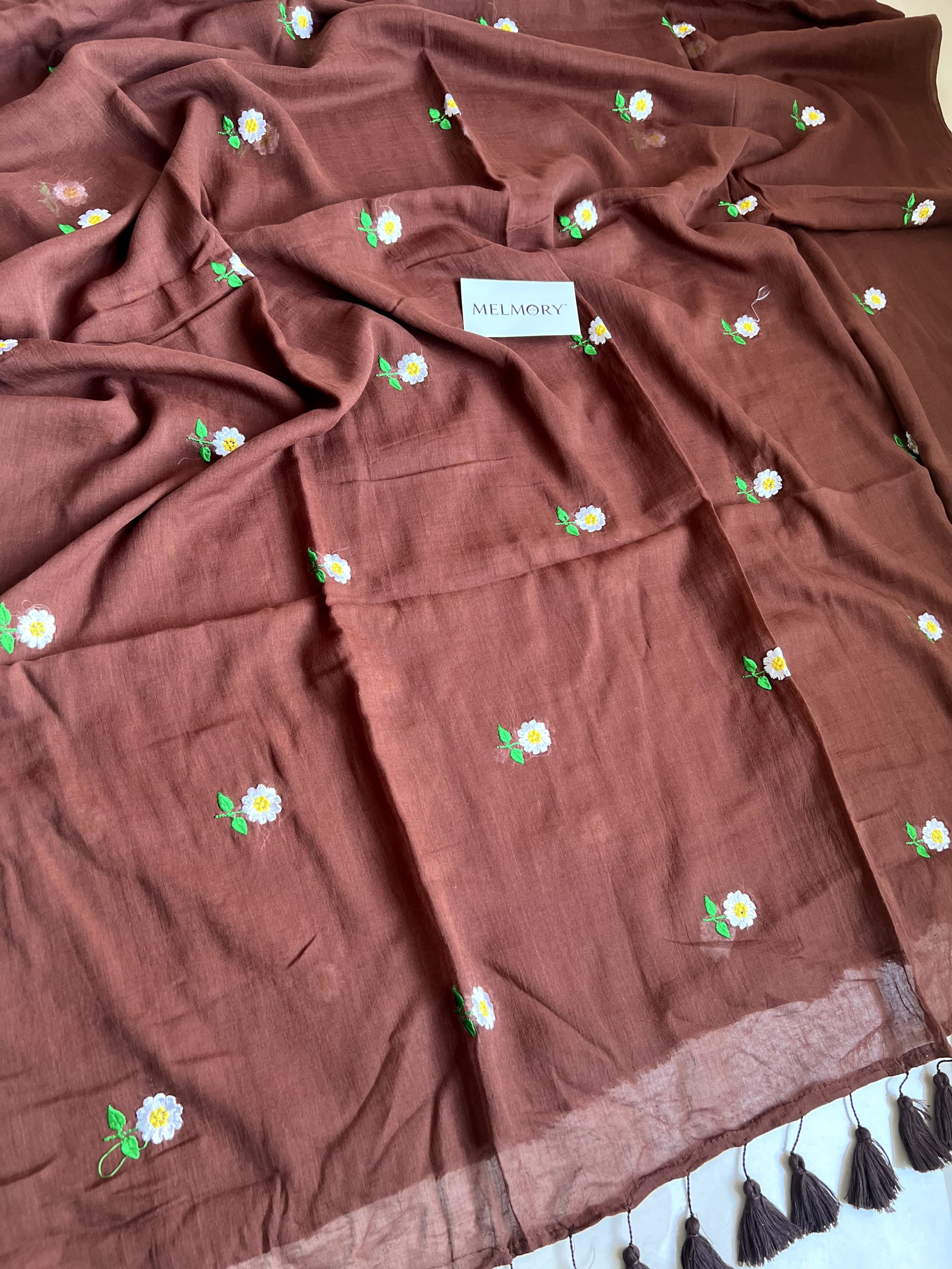 Floral Embroidery Mul Saree - Deep Brown