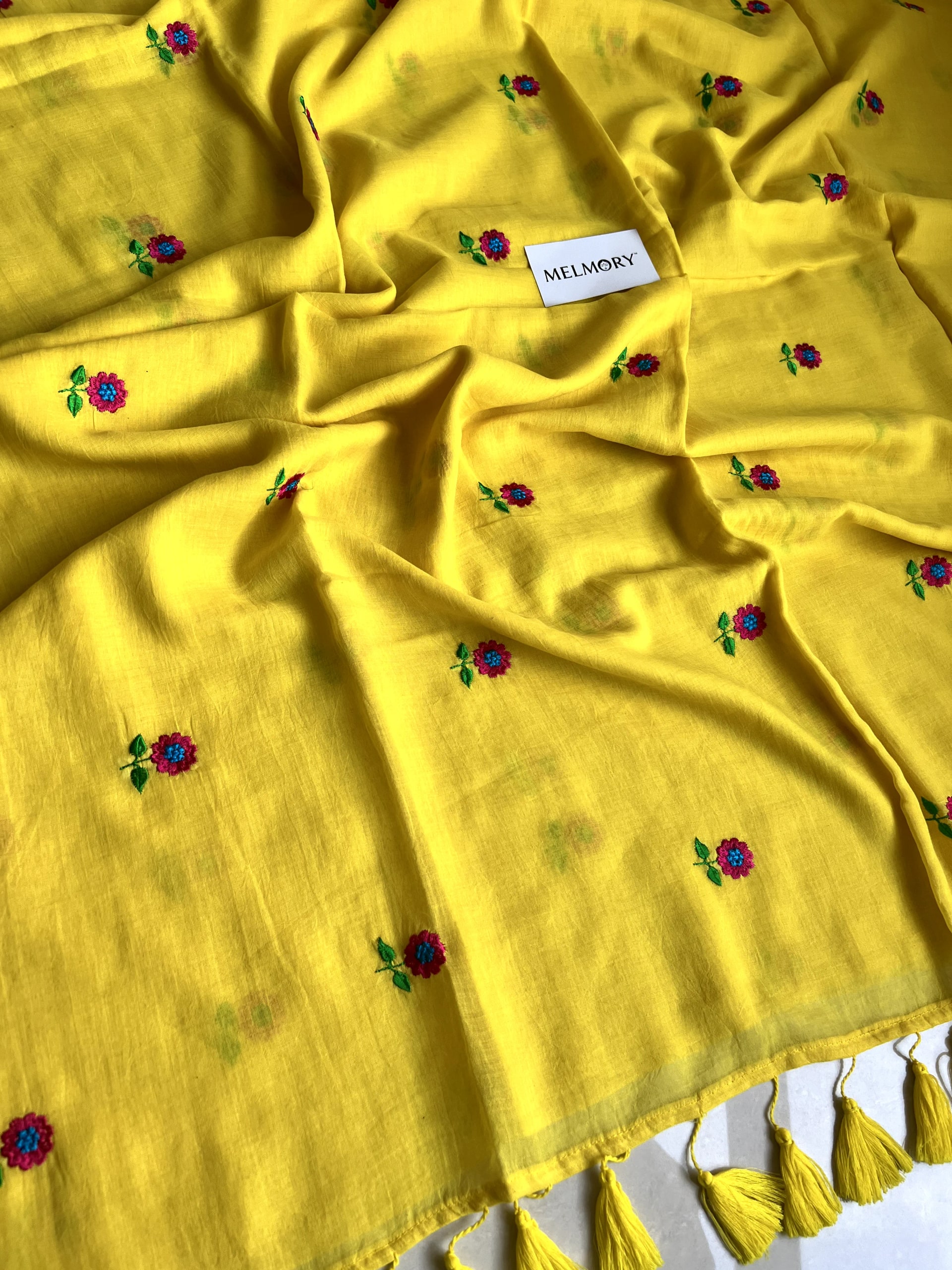Floral Embroidery Mul Saree - Bright Yellow
