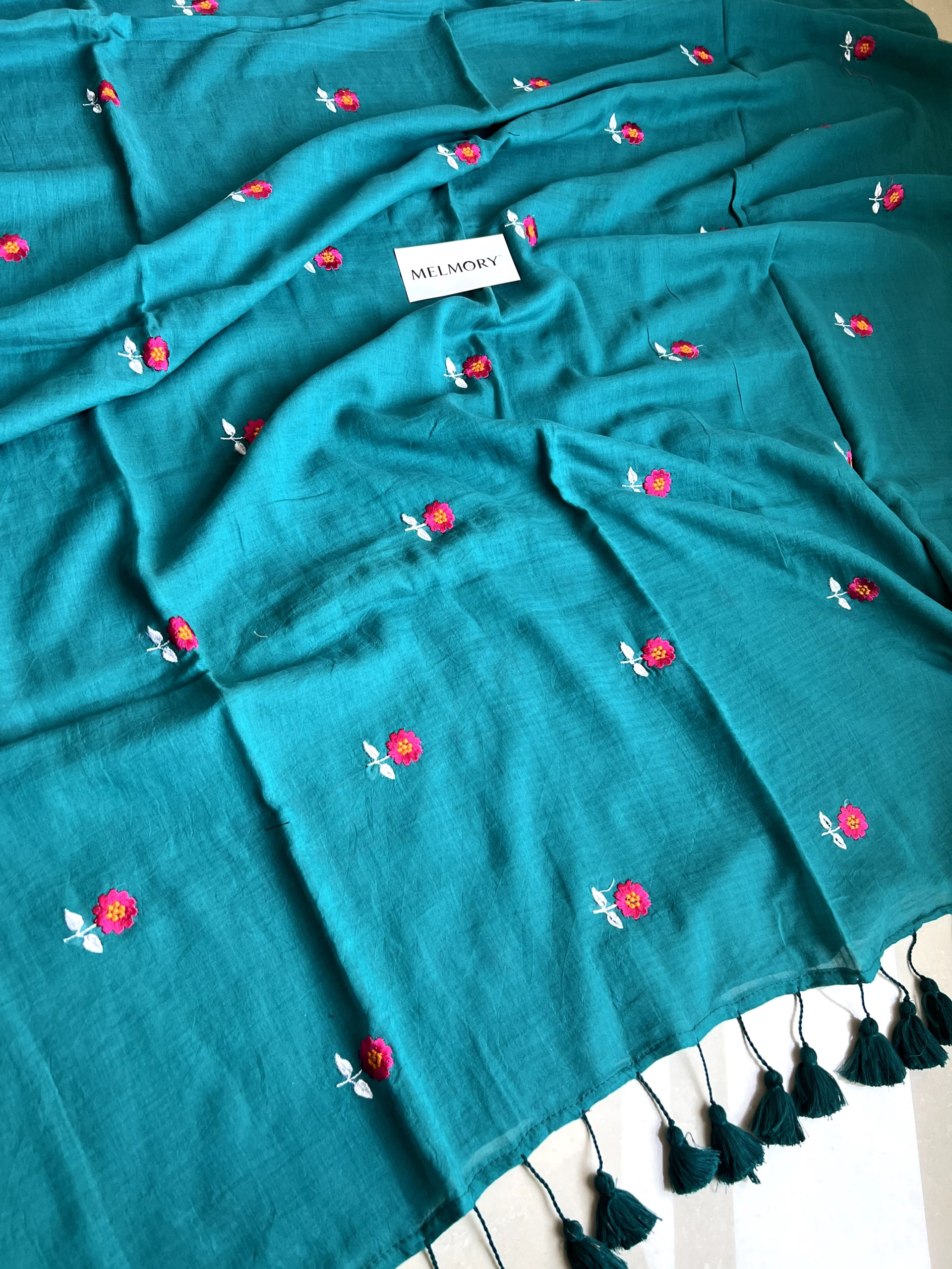 Floral Embroidery Mul Saree - Dark Turquoise
