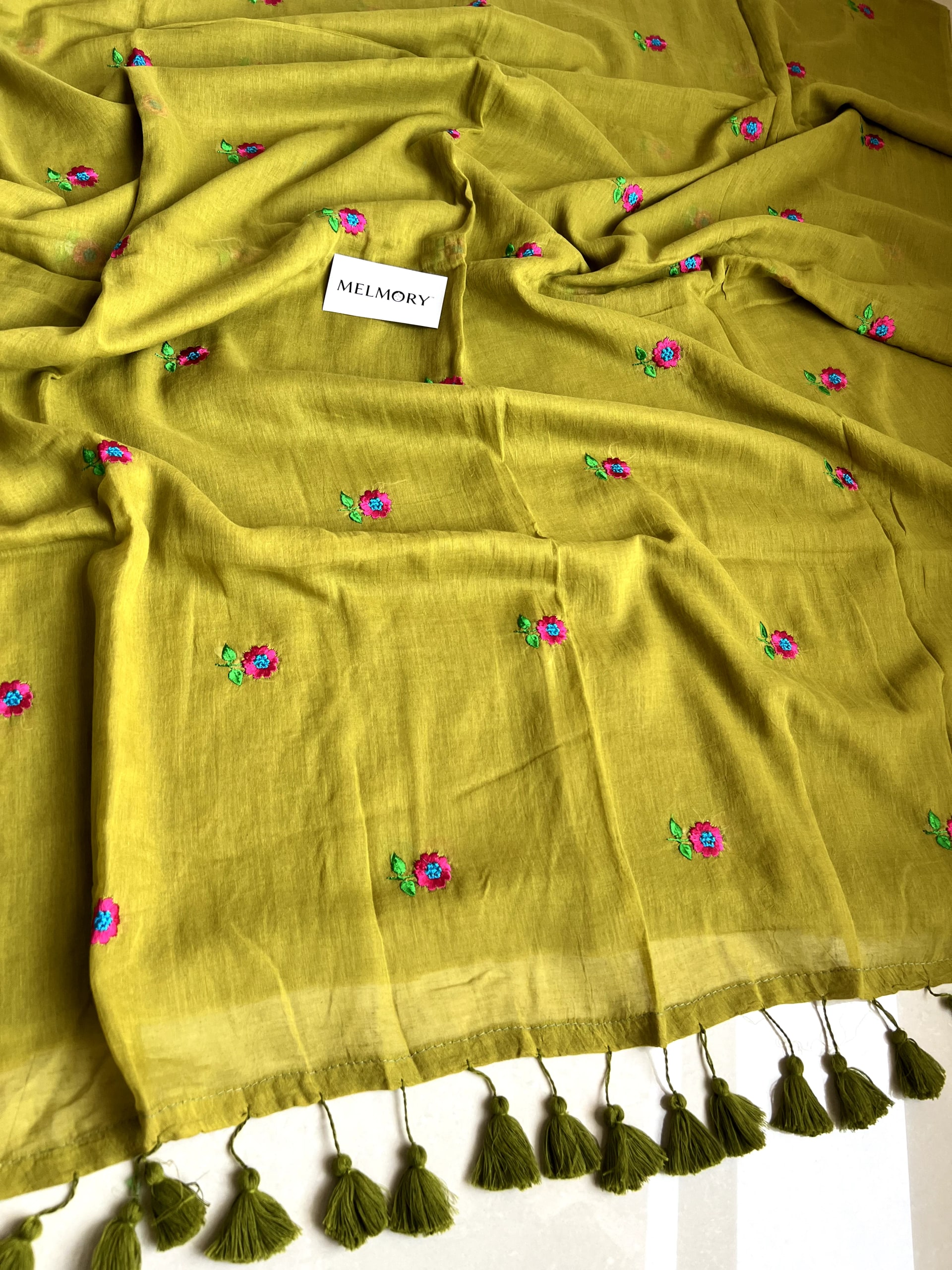 Floral Embroidery Mul Saree - Olive Green