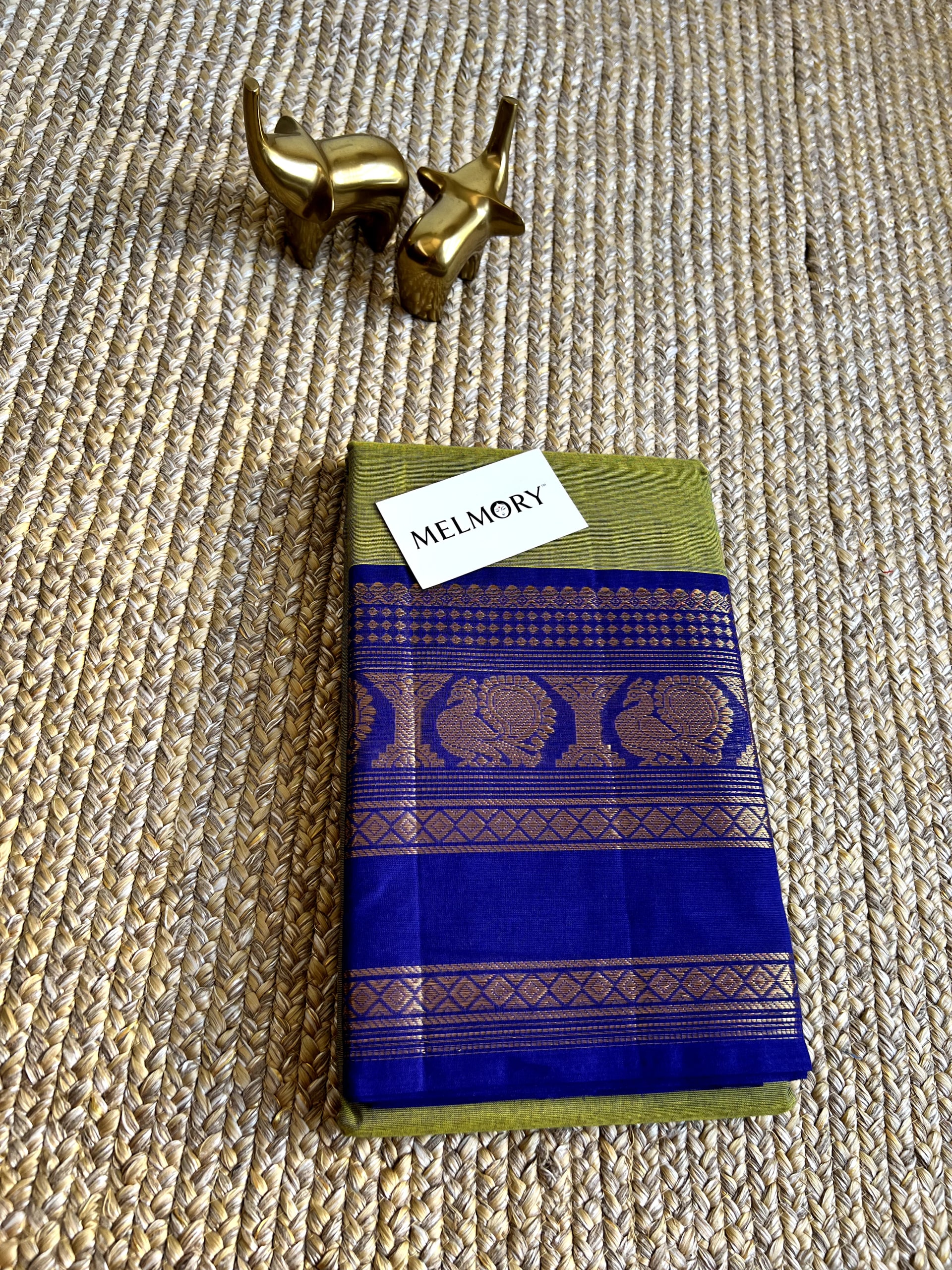 Kanchi Cotton Saree - Lime Green with Royal Blue Zari Border