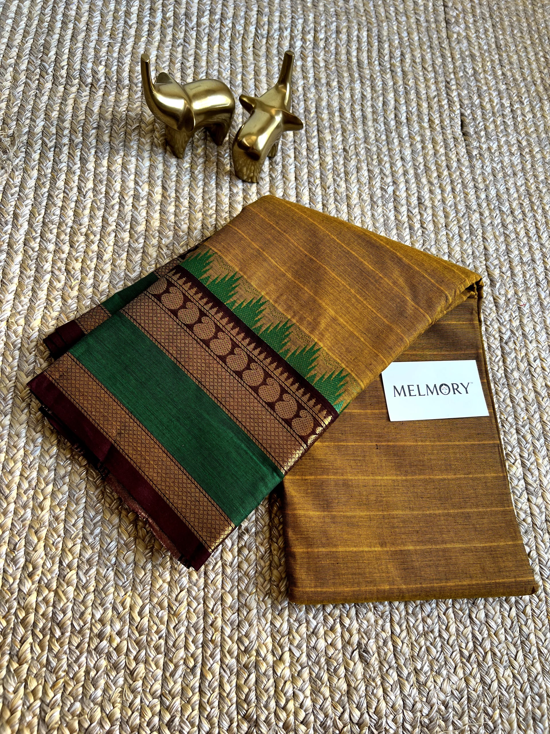 Kanchi Cotton Saree - Mustard Yellow with Deep Green Zari Border