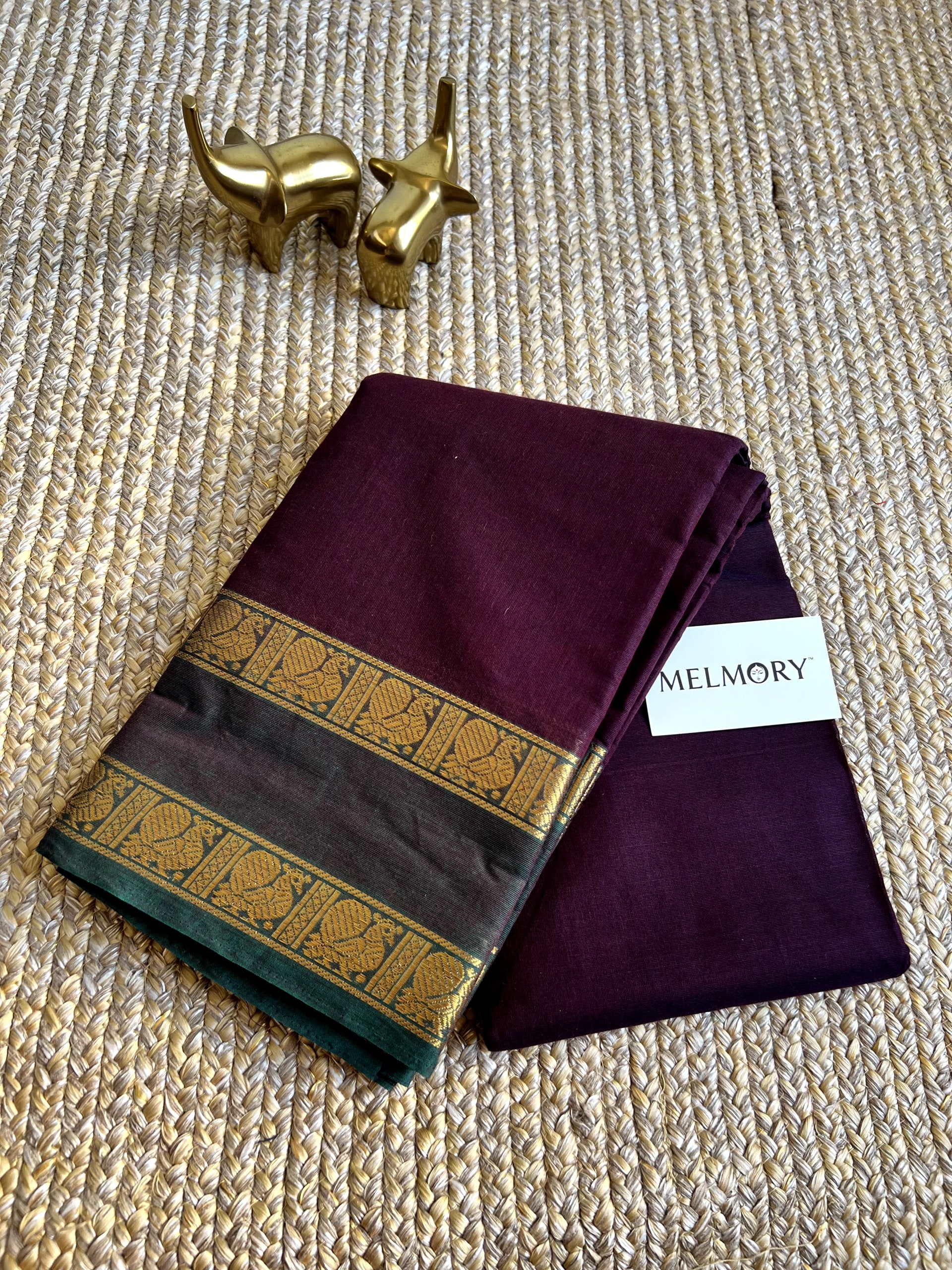 Kanchi Cotton Saree - Deep Maroon with Dark Green Zari Border
