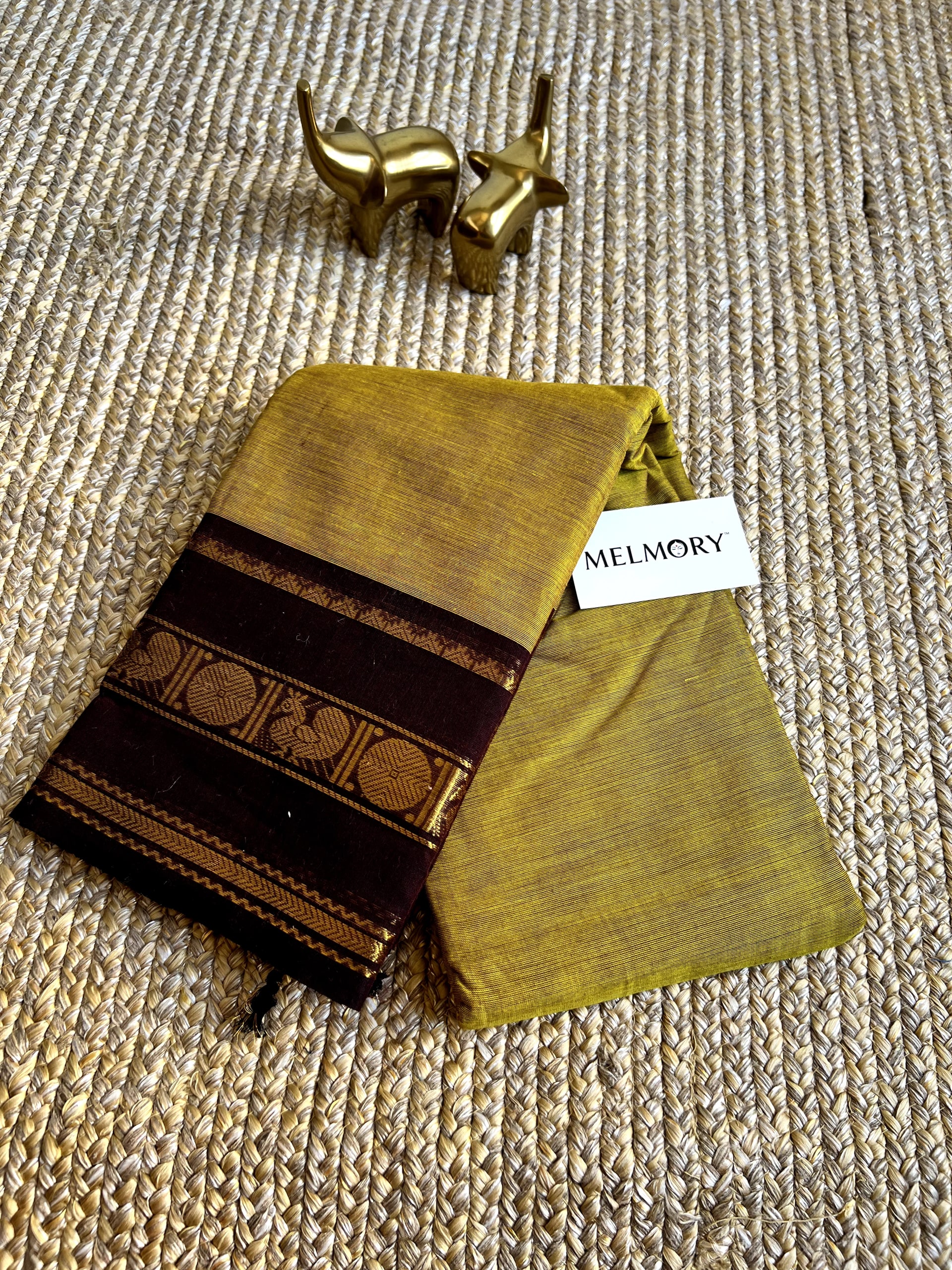Kanchi Cotton Saree - Olive Green with Brown Zari Border