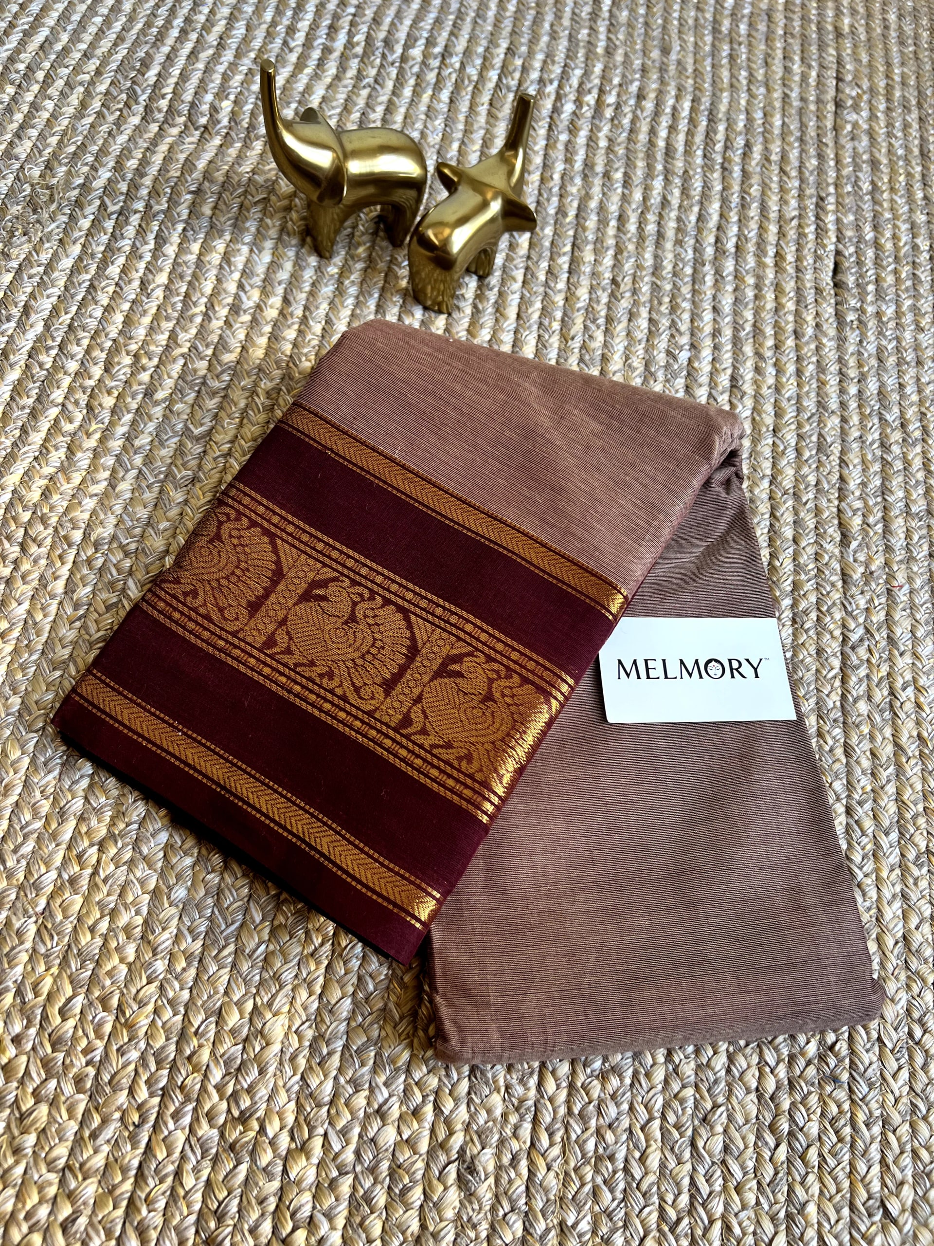 Kanchi Cotton Saree - Dusty Brown with Maroon Zari Border