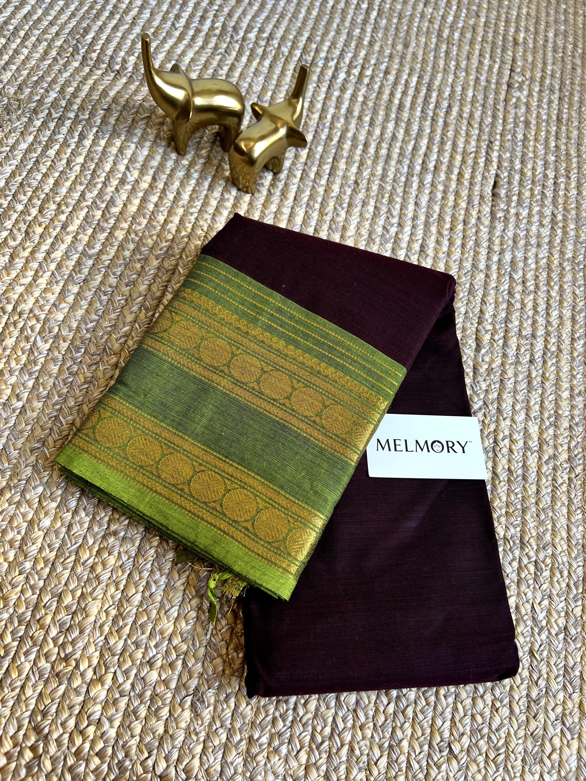 Kanchi Cotton Saree - Maroon with Leaf Green Zari Border