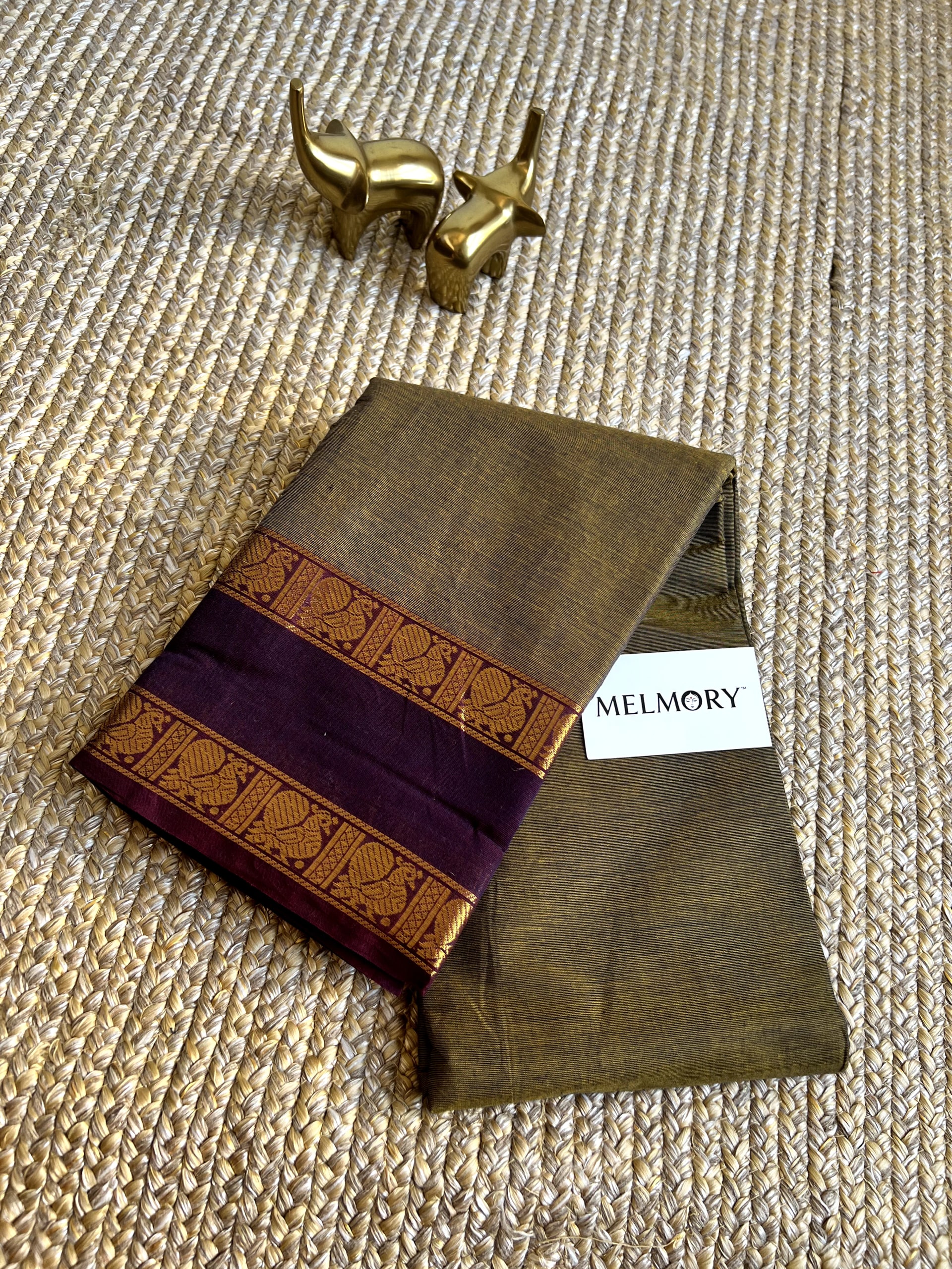 Kanchi Cotton Saree - Moss Green with Maroon Zari Border