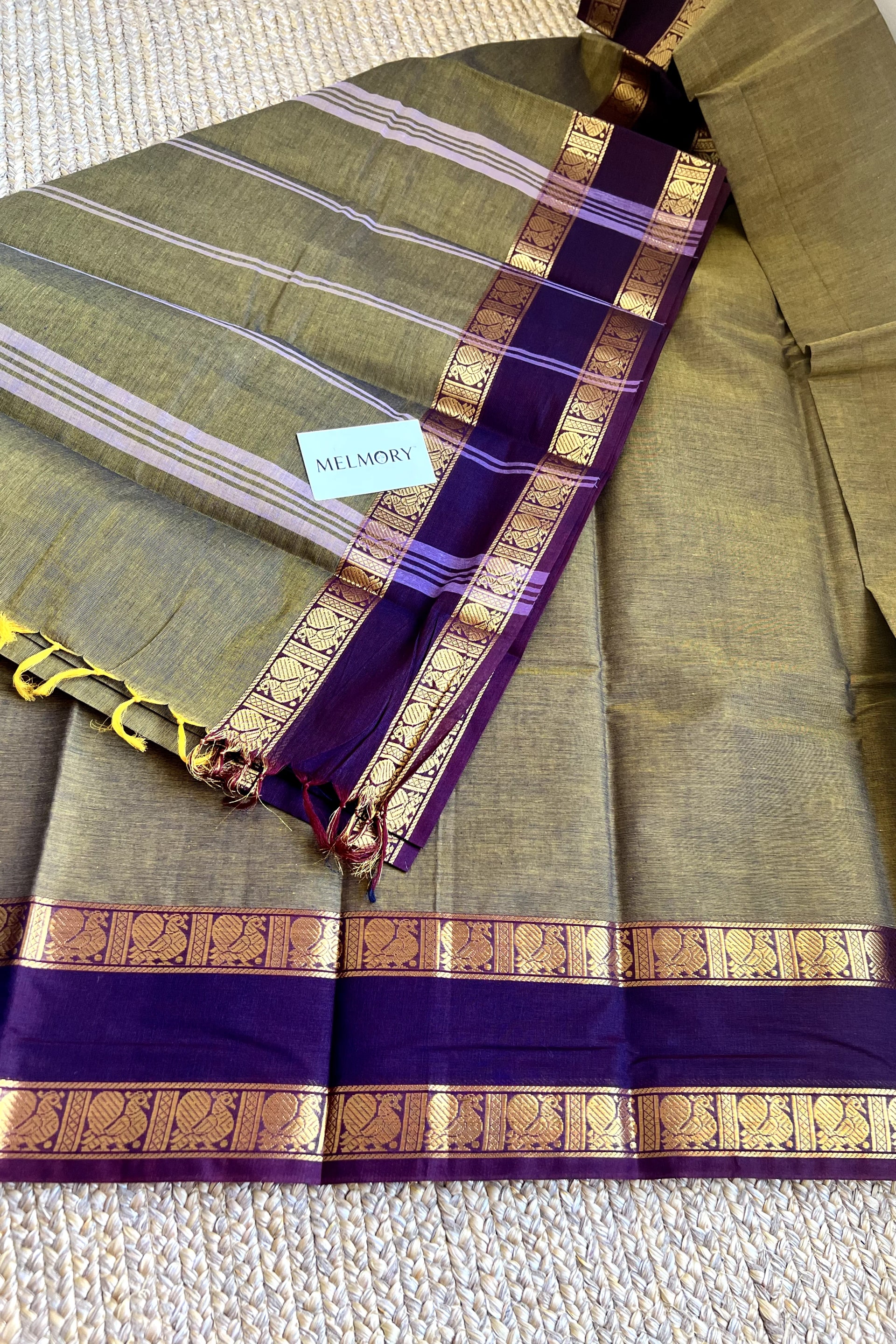 Kanchi Cotton Saree - Moss Green with Maroon Zari Border