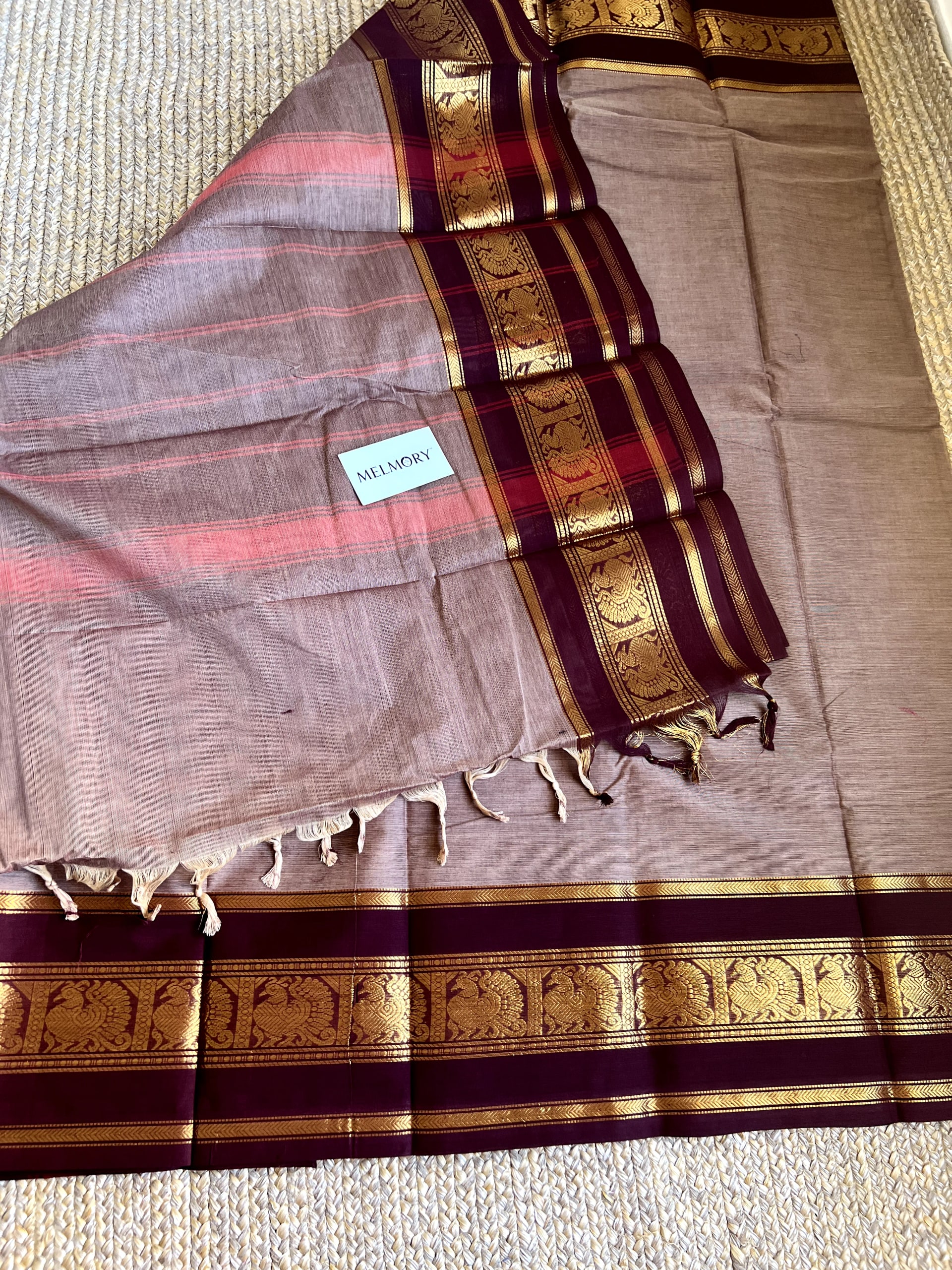 Kanchi Cotton Saree - Dusty Brown with Maroon Zari Border
