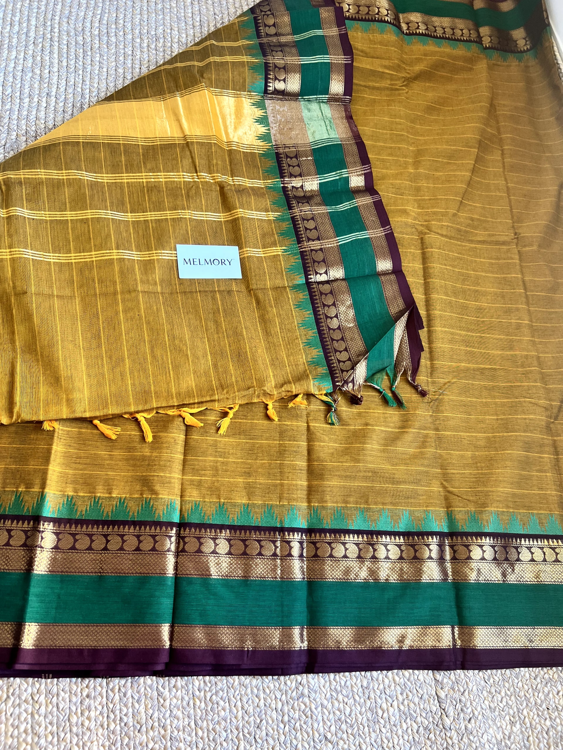 Kanchi Cotton Saree - Mustard Yellow with Deep Green Zari Border