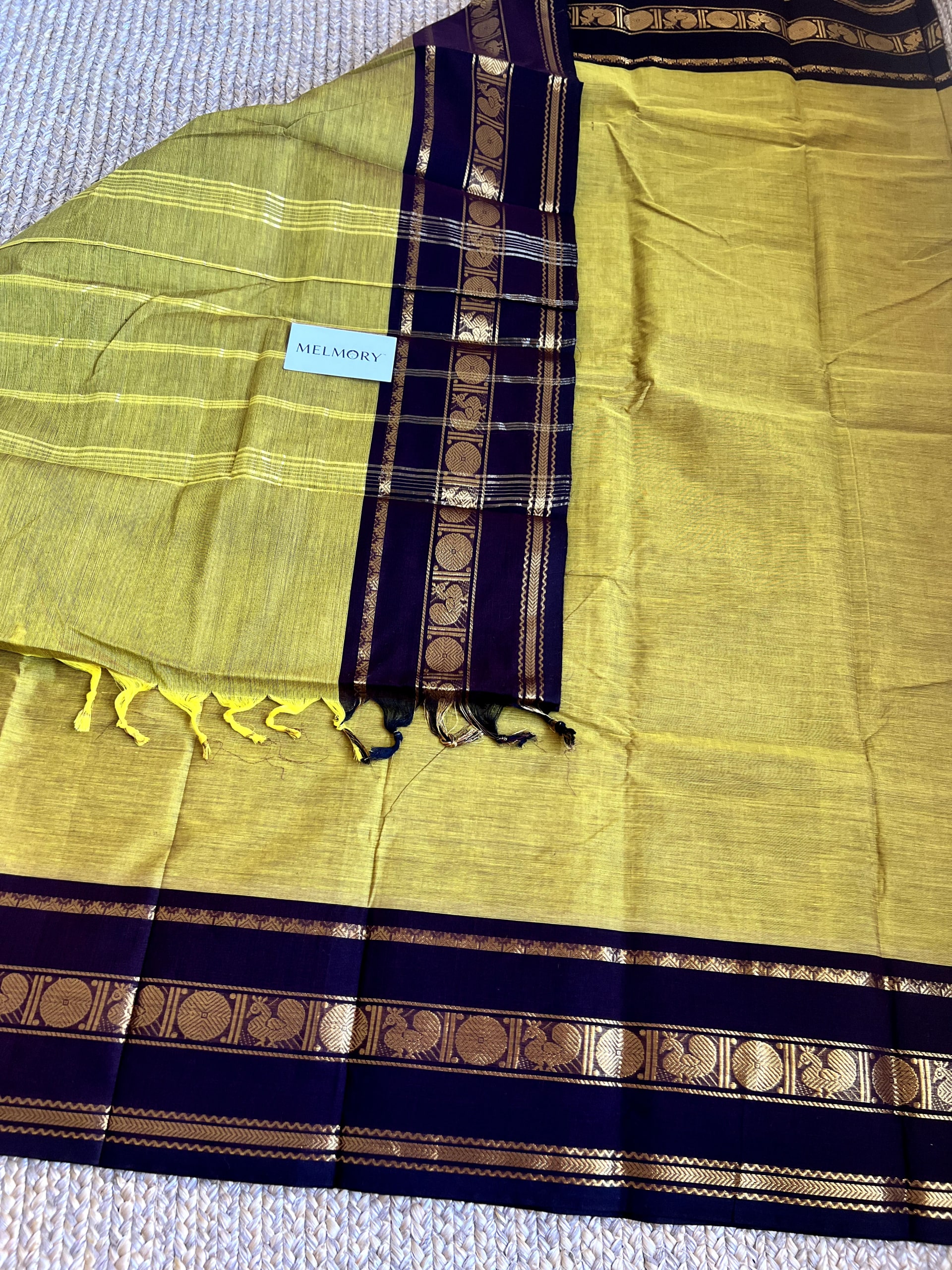 Kanchi Cotton Saree - Olive Green with Brown Zari Border