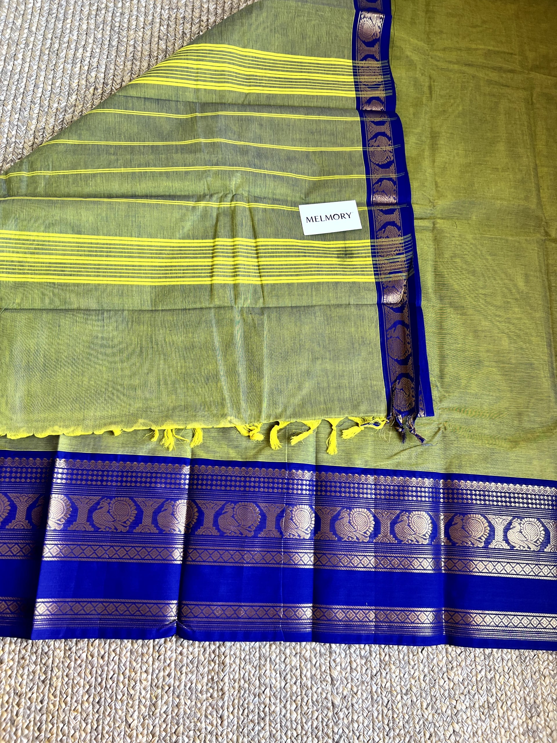 Kanchi Cotton Saree - Lime Green with Royal Blue Zari Border