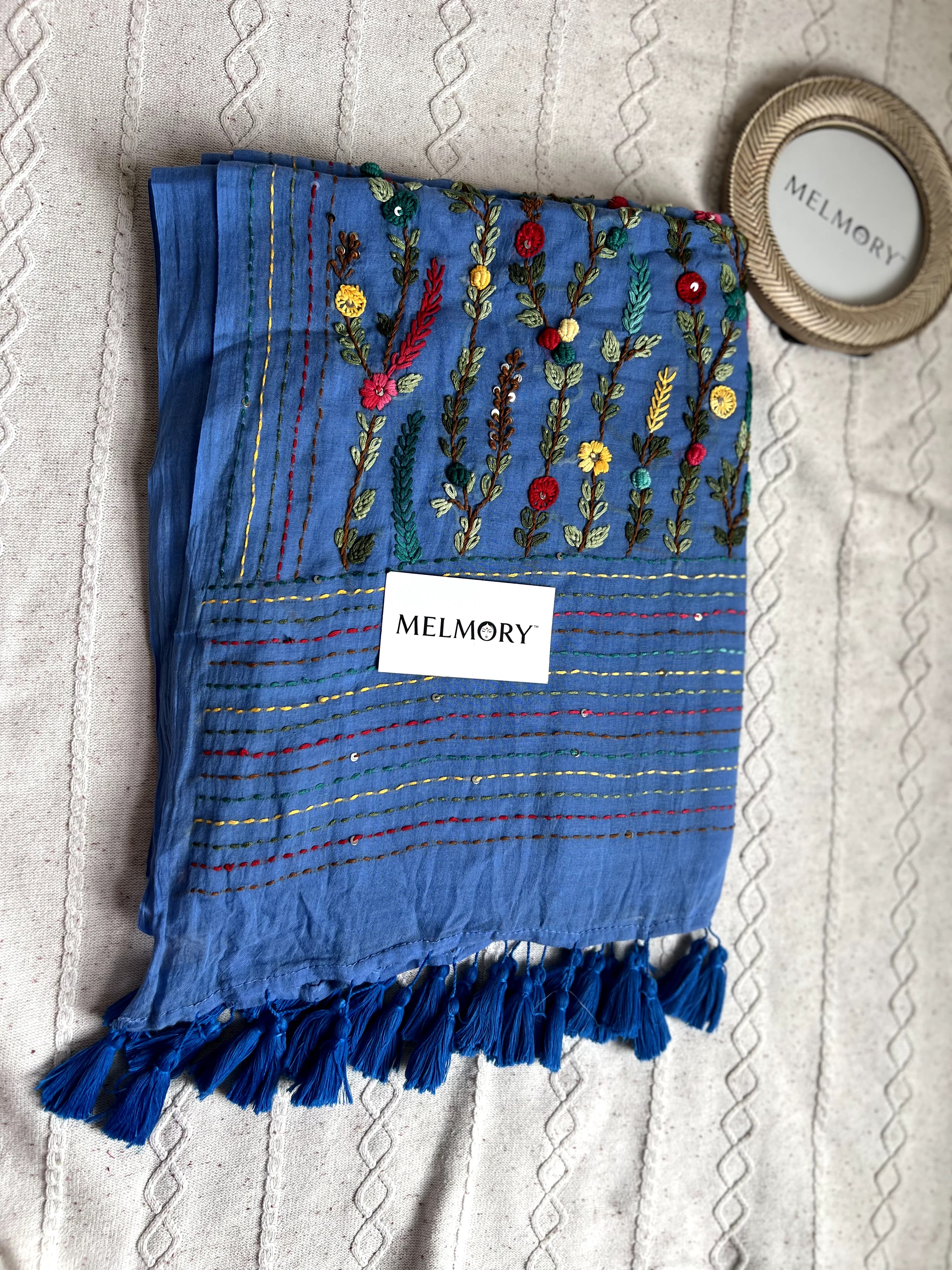 Bullion Stitch Embroidery Mul Saree - Soft Blue