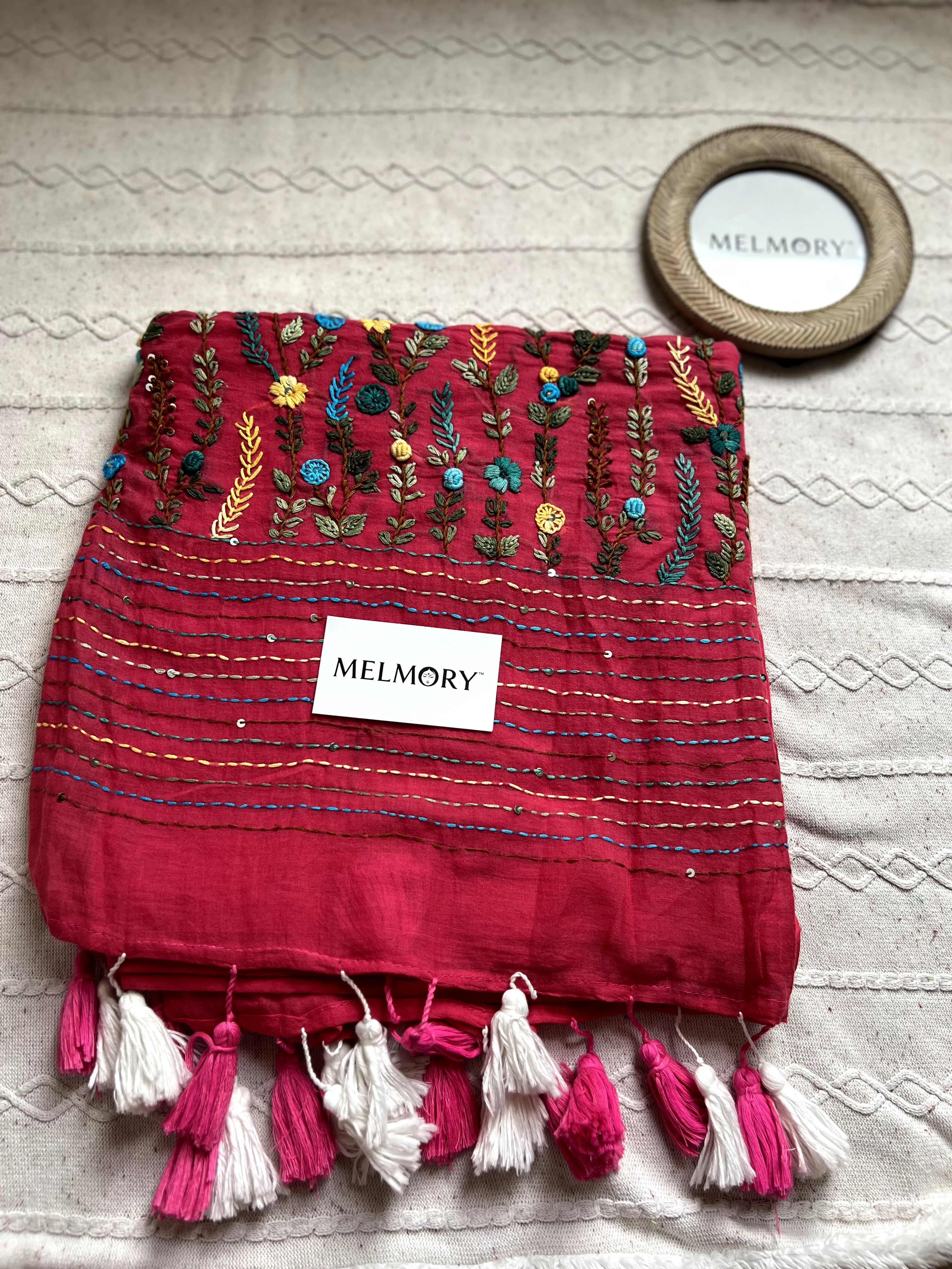 Bullion Stitch Embroidery Mul Saree - Deep Pink