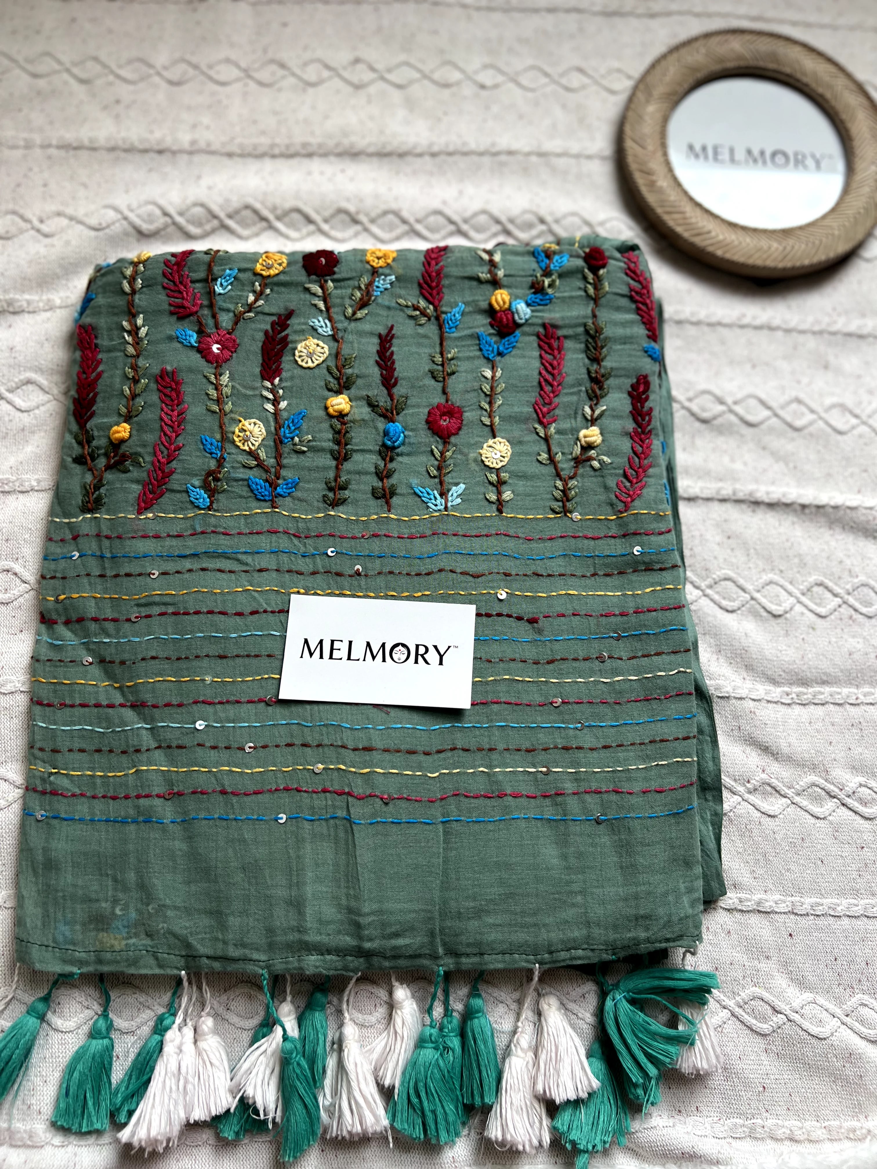 Bullion Stitch Embroidery Mul Saree - Sage Green