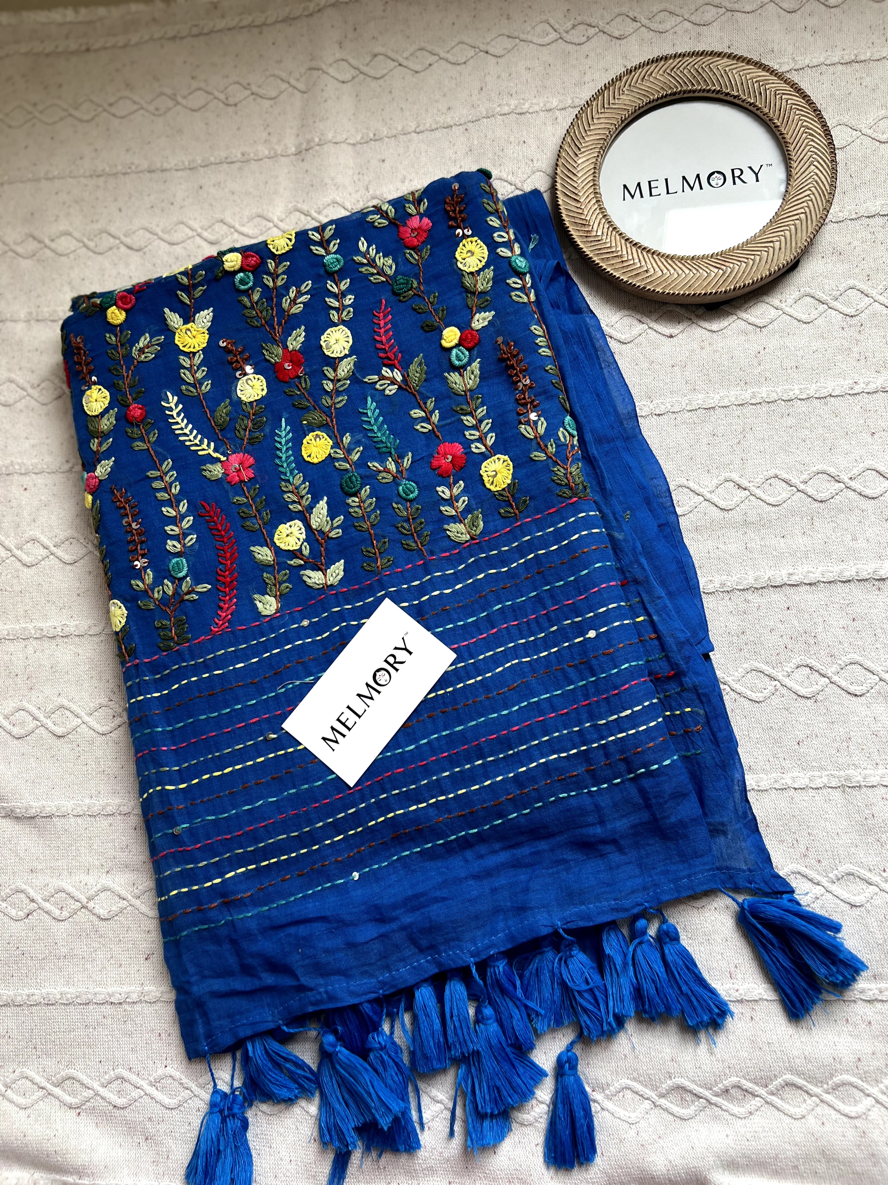 Bullion Stitch Embroidery Mul Saree - Bright Blue