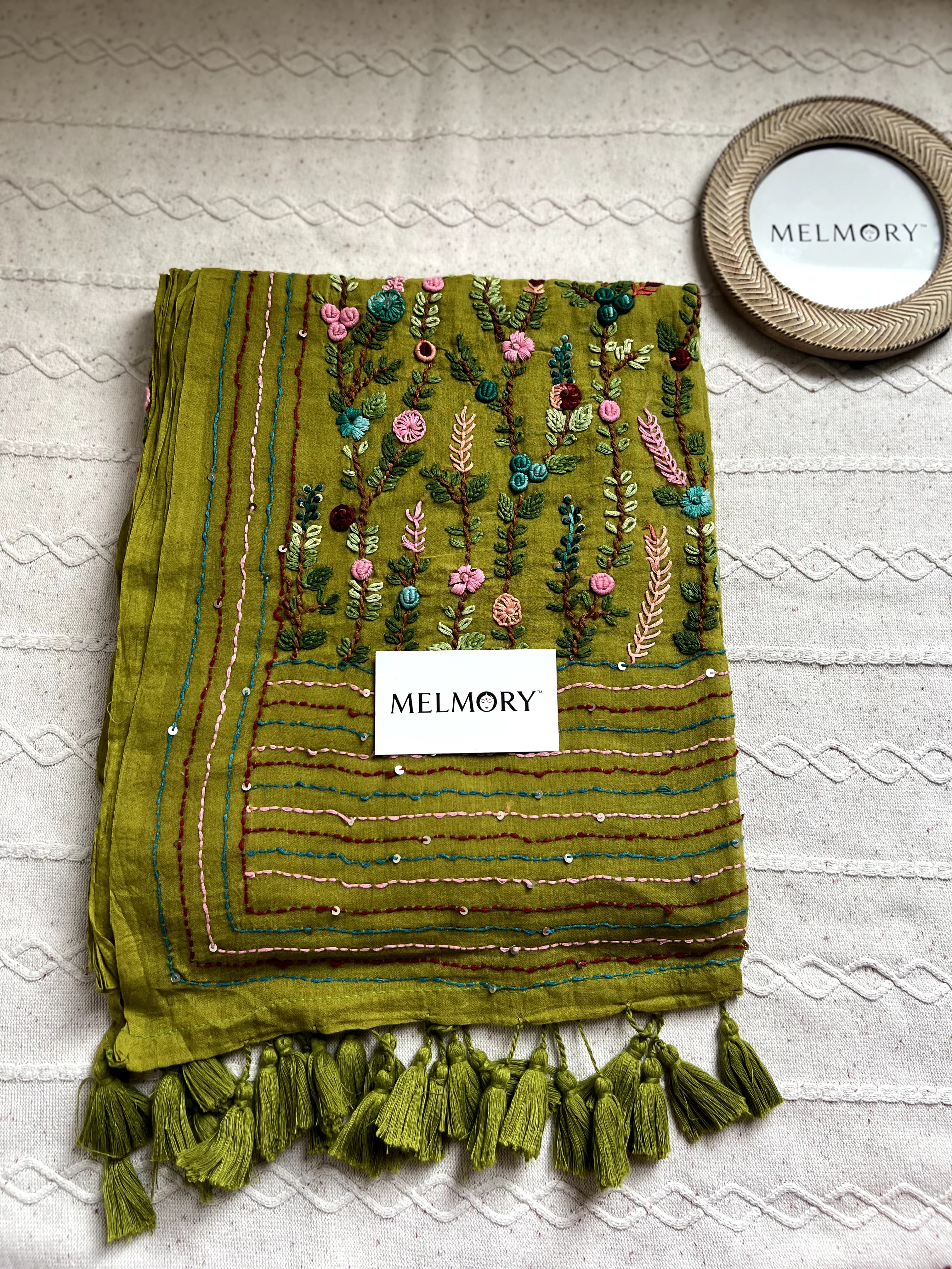 Bullion Stitch Embroidery Mul Saree - Olive Green