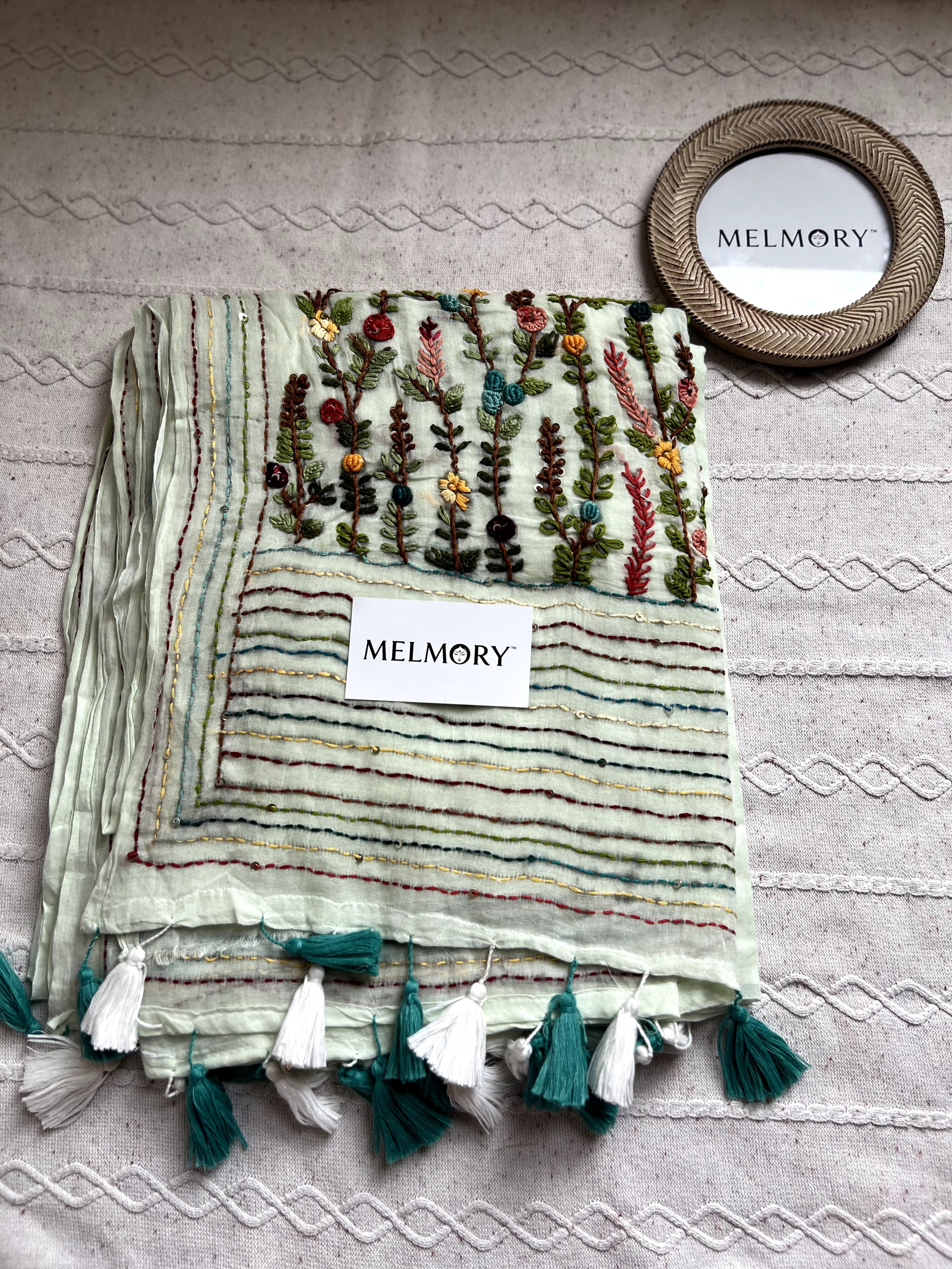 Bullion Stitch Embroidery Mul Saree - Pastel Mint Green