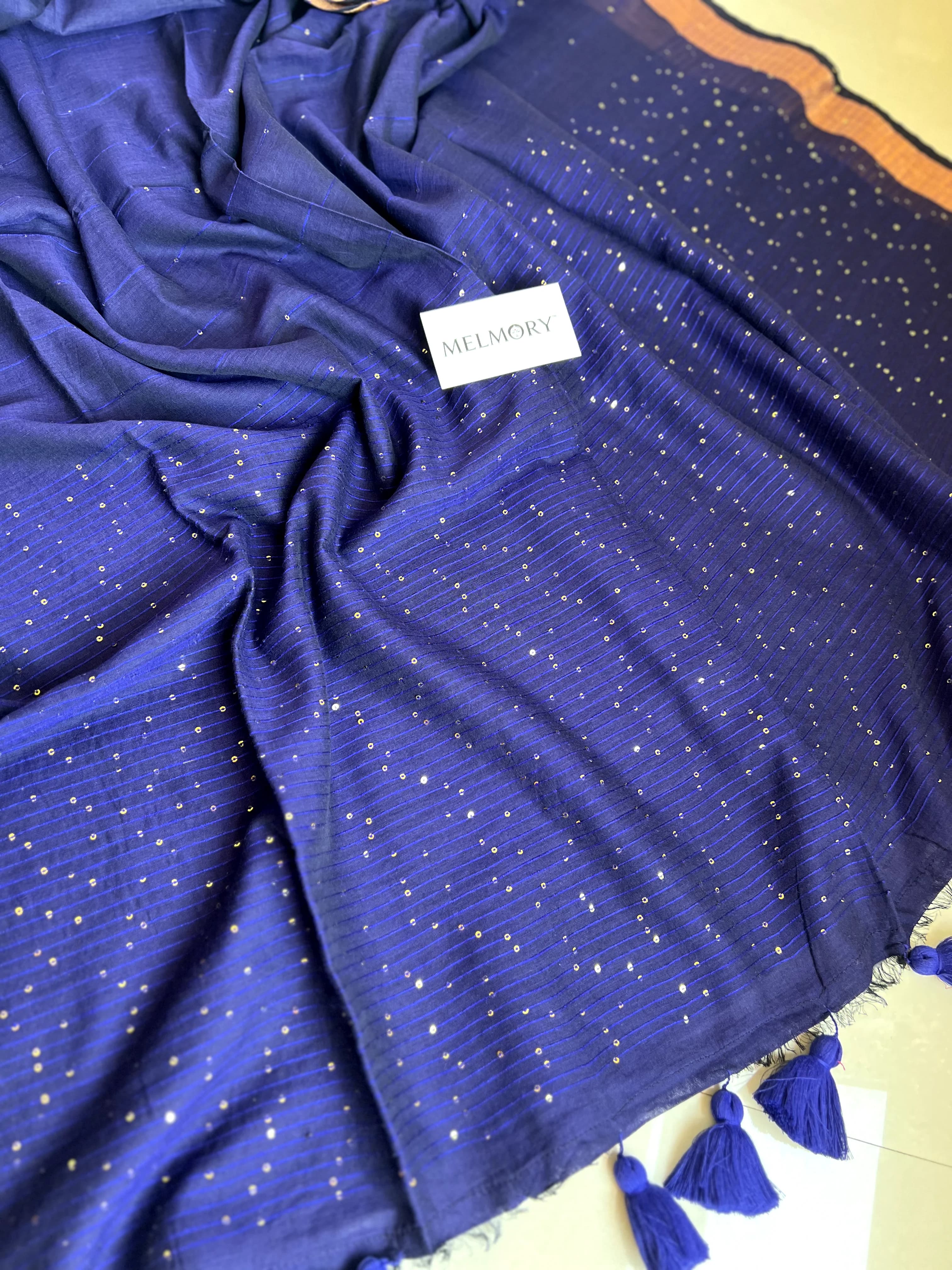 Sequins Mul Saree - Royal Blue with Gold Zari