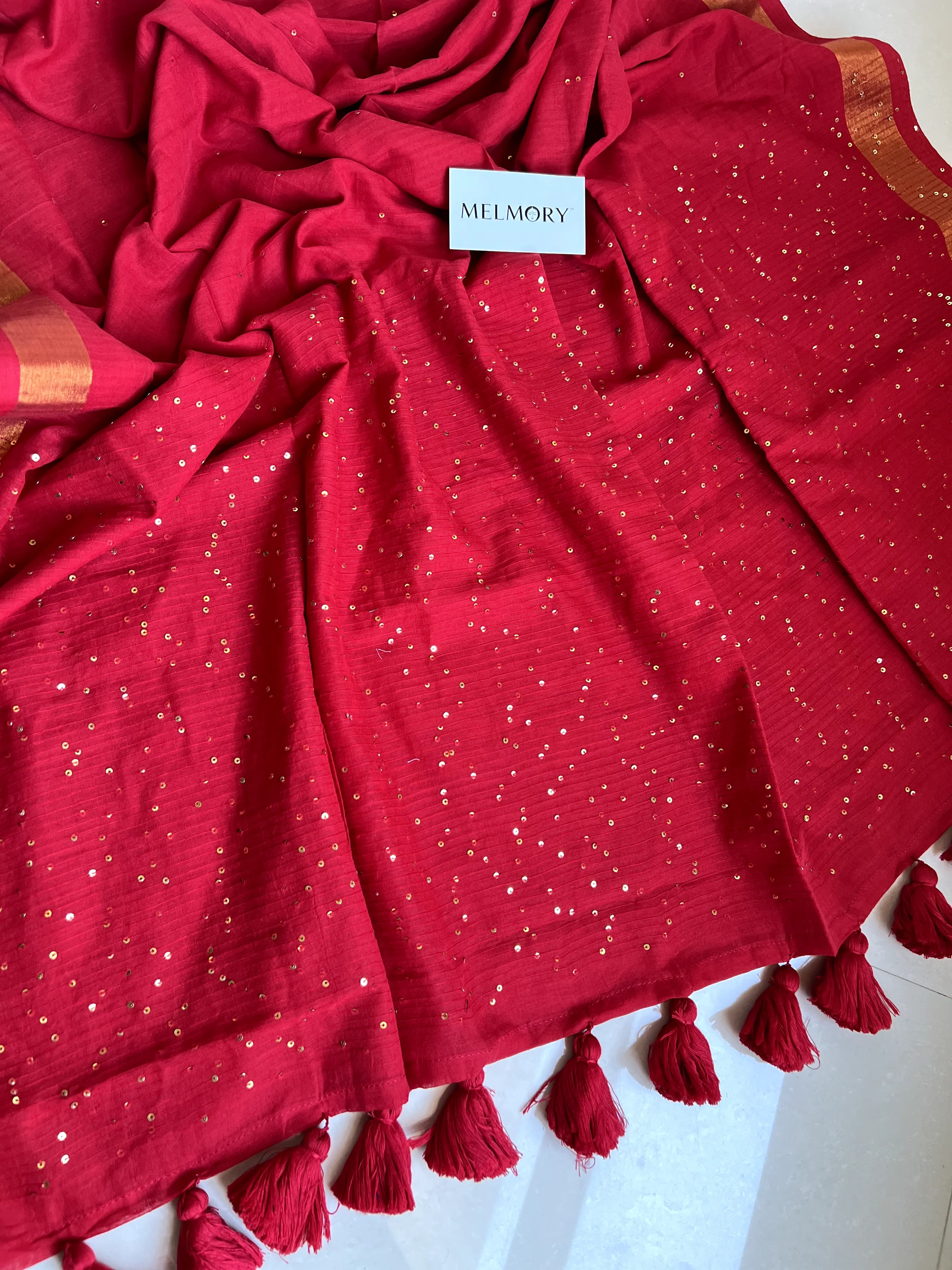 Sequins Mul Saree - Deep Red with Gold Zari