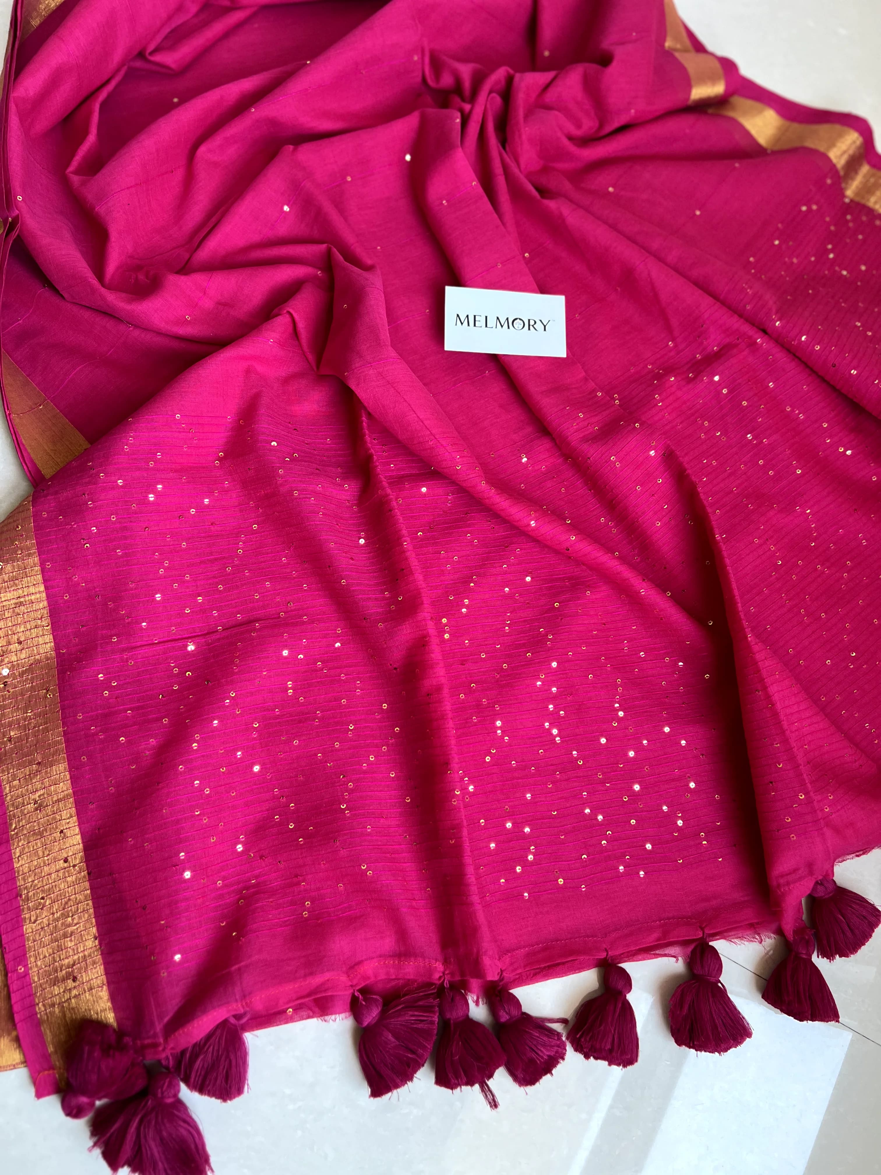 Sequins Mul Saree - Magenta Pink with Gold Zari