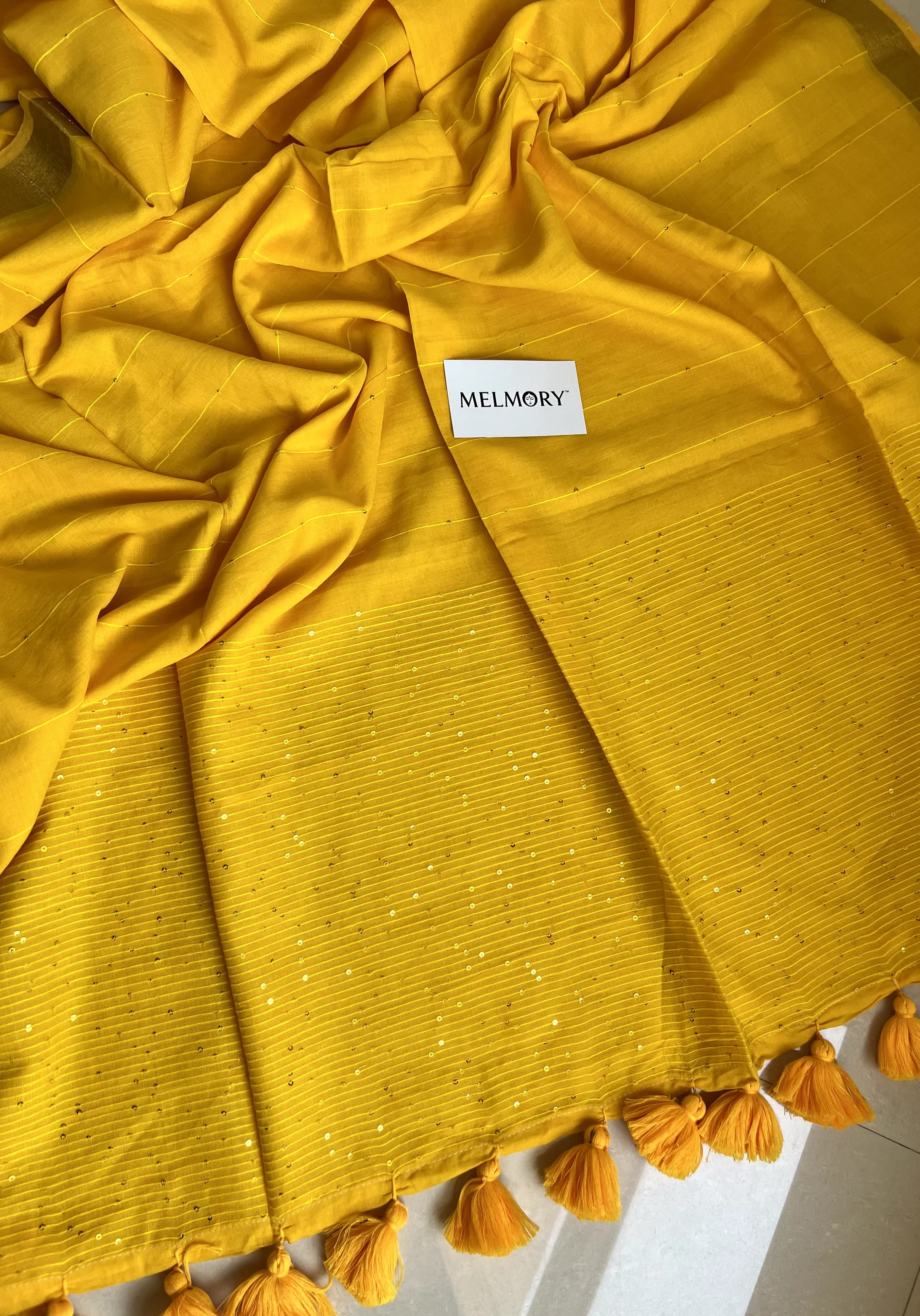 Sequins Mul Saree - Deep Yellow with Gold Zari