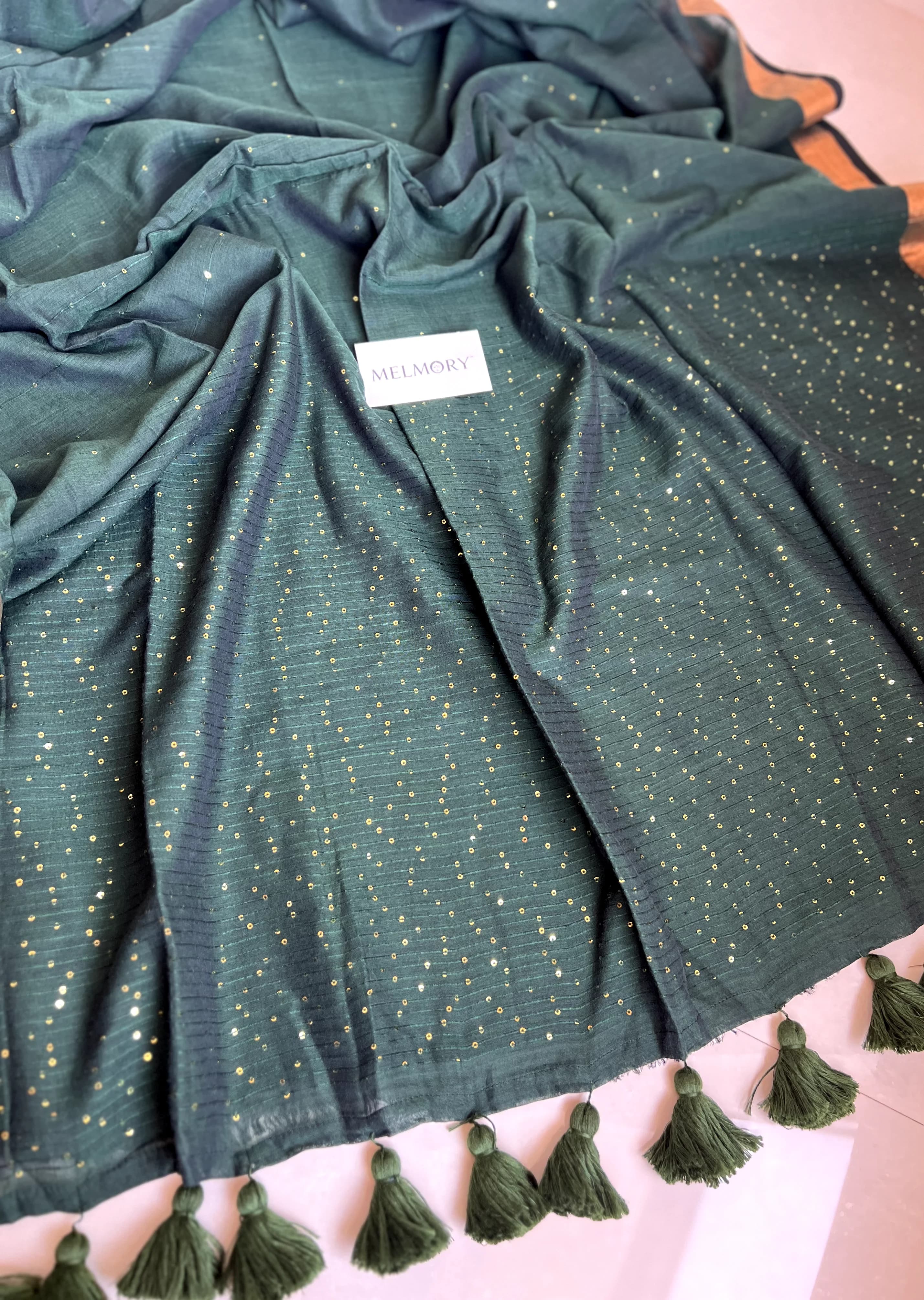 Sequins Mul Saree - Deep Bottle Green with Gold Zari