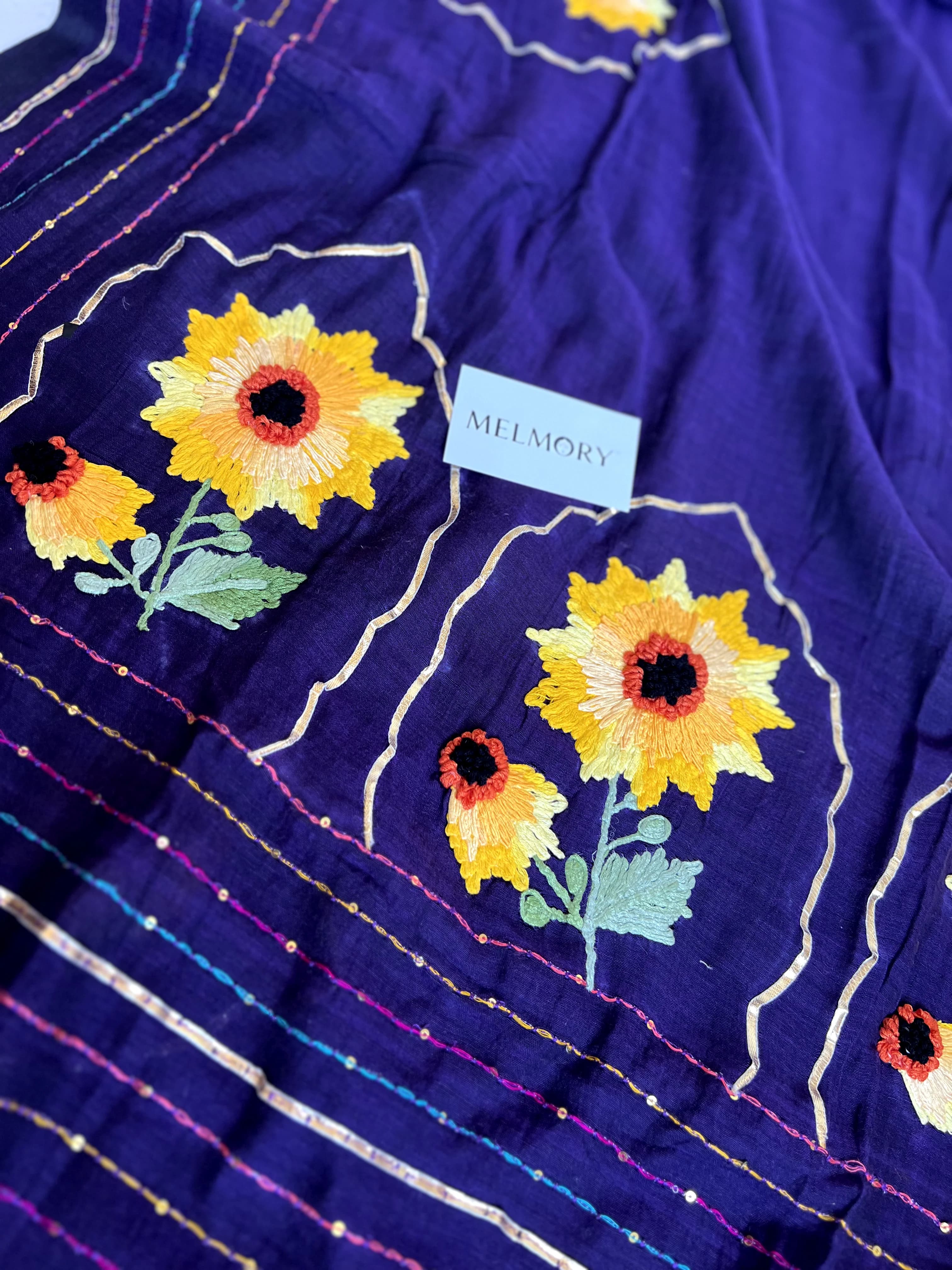 Sunflower Handstitched Embroidery Mul Saree - Purple
