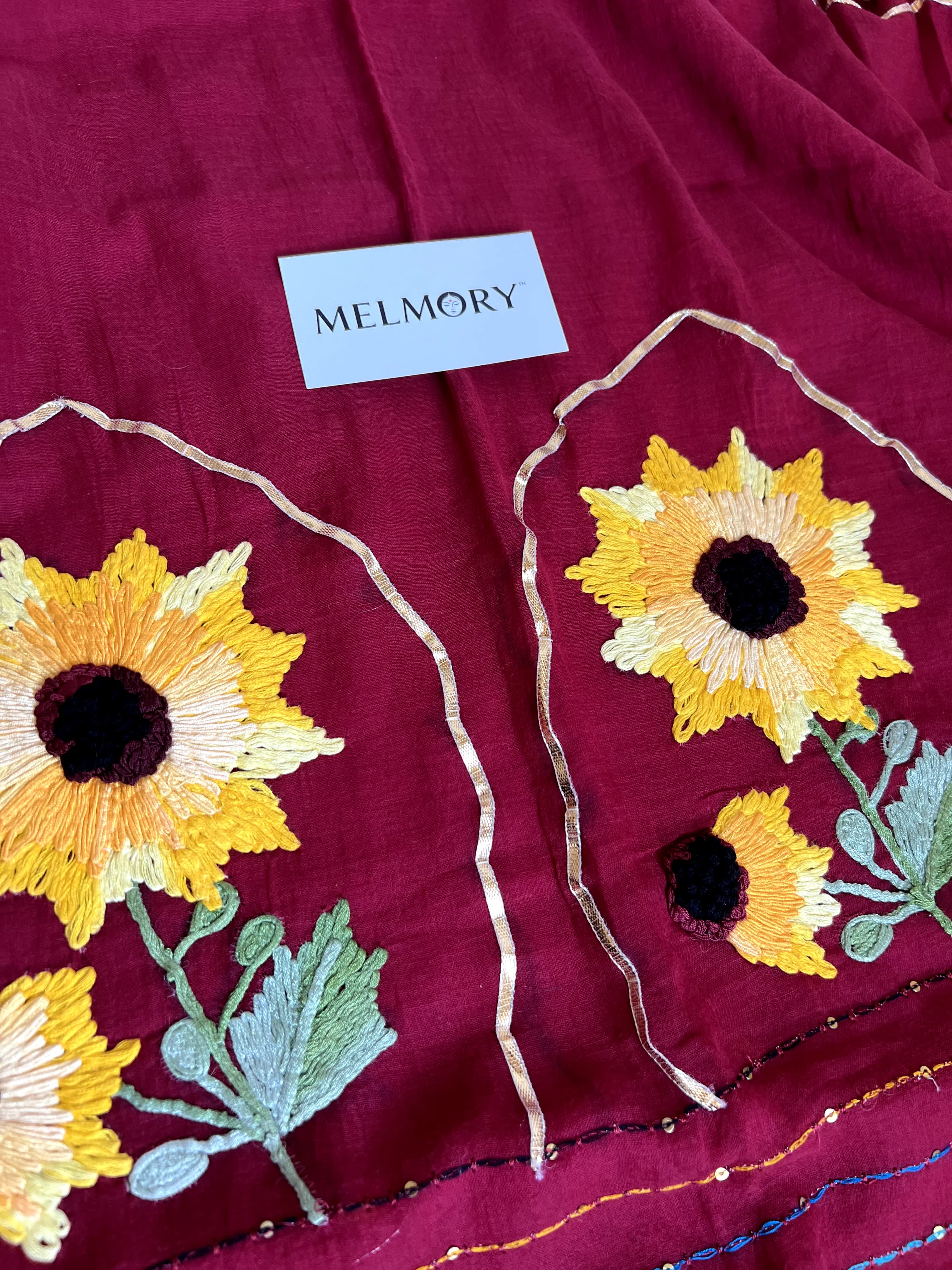 Sunflower Handstitched Embroidery Mul Saree - Rich Maroon
