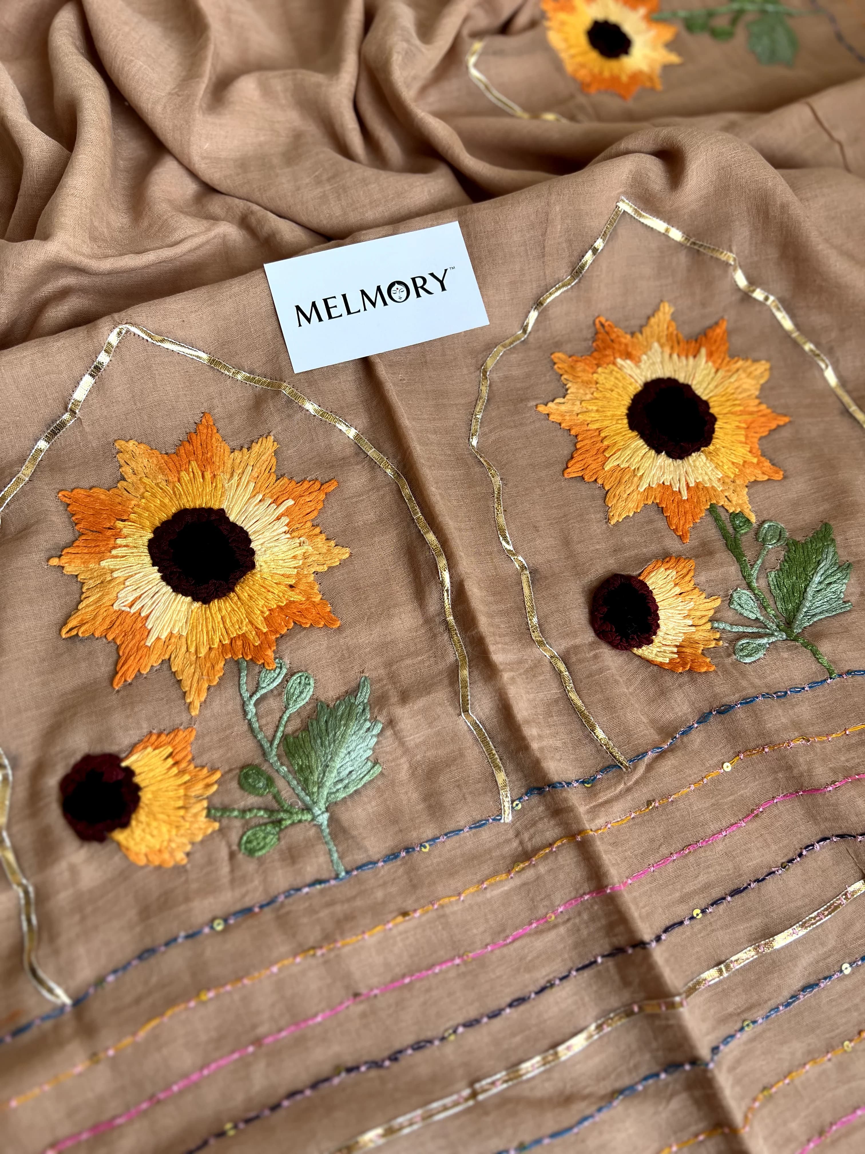 Sunflower Handstitched Embroidery Mul Saree - Beige